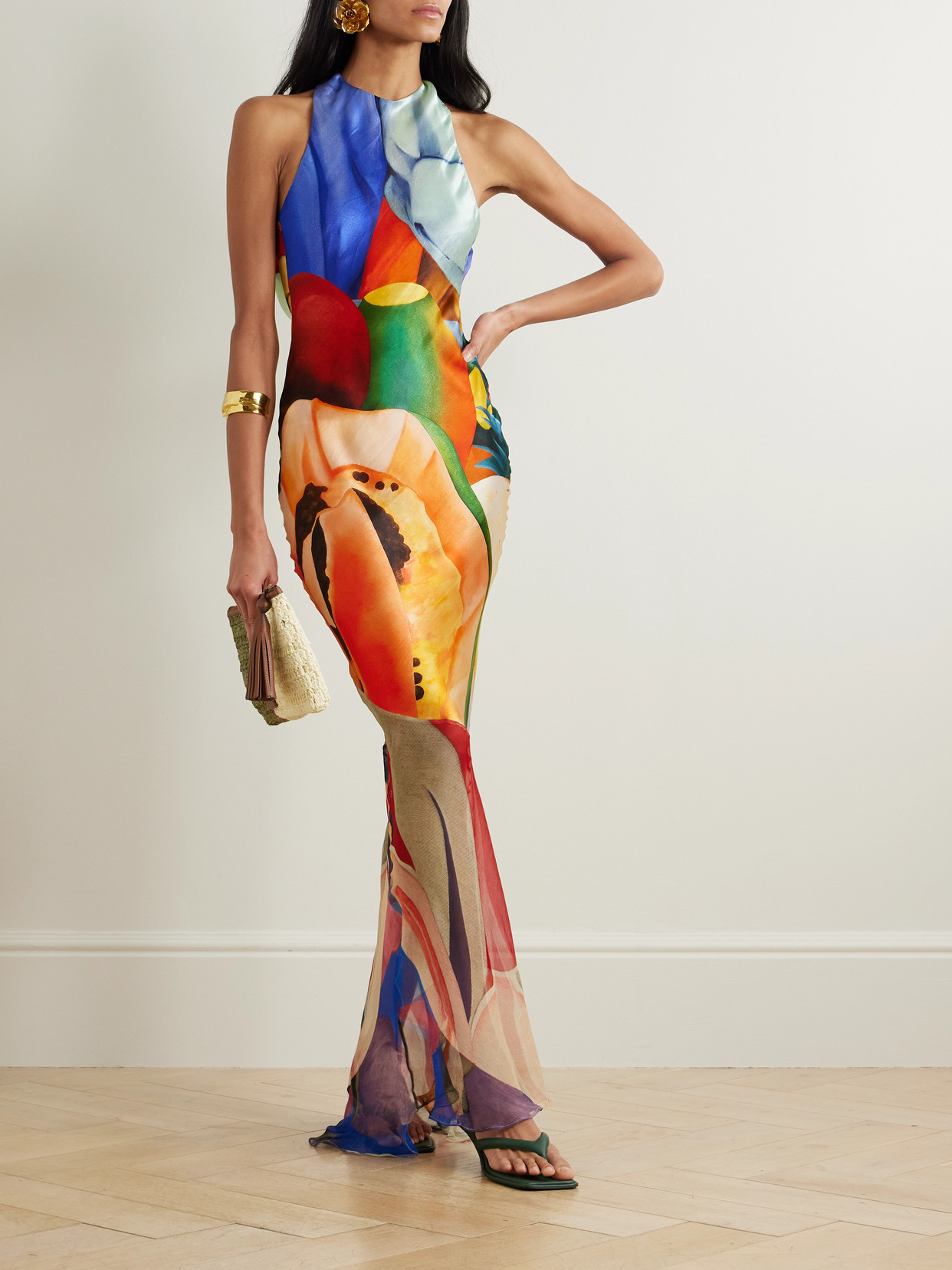 DONDE ESTEBAN OPEN-BACK PRINTED SILK-BLEND SATIN AND SILK-BLEND CHIFFON MAXI DRESS