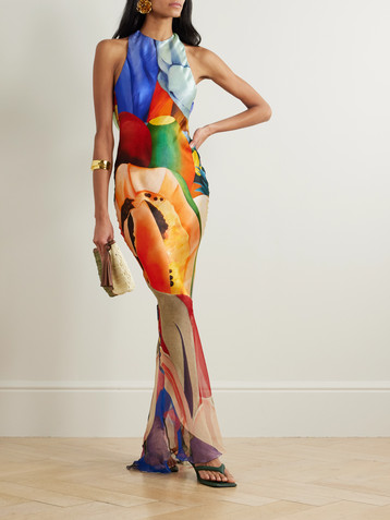 DONDE ESTEBAN Open-back printed silk-blend satin and silk-blend chiffon maxi dress