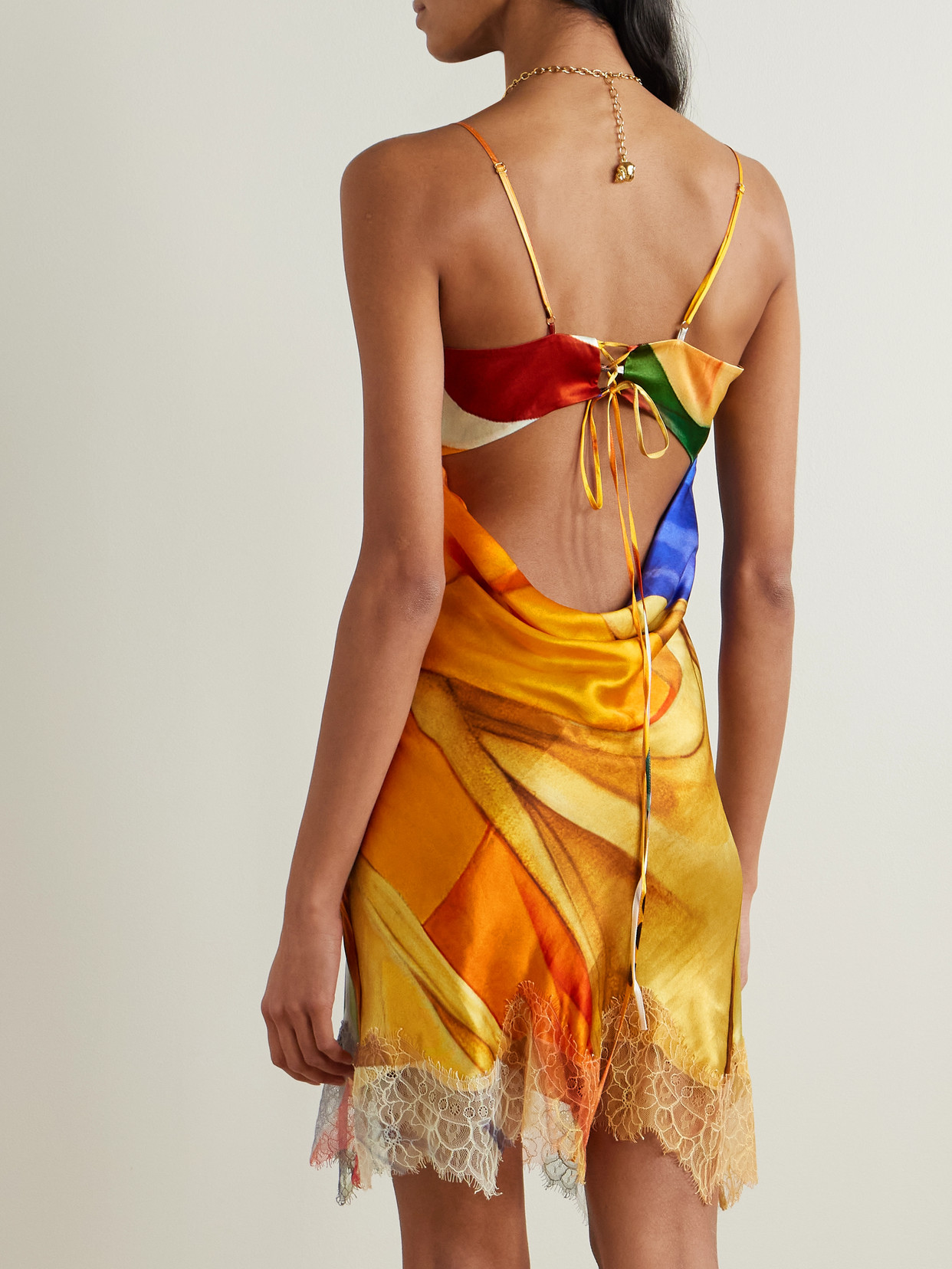 Donde Esteban Salpicon Lace-trimmed Printed Silk-satin Mini Dress