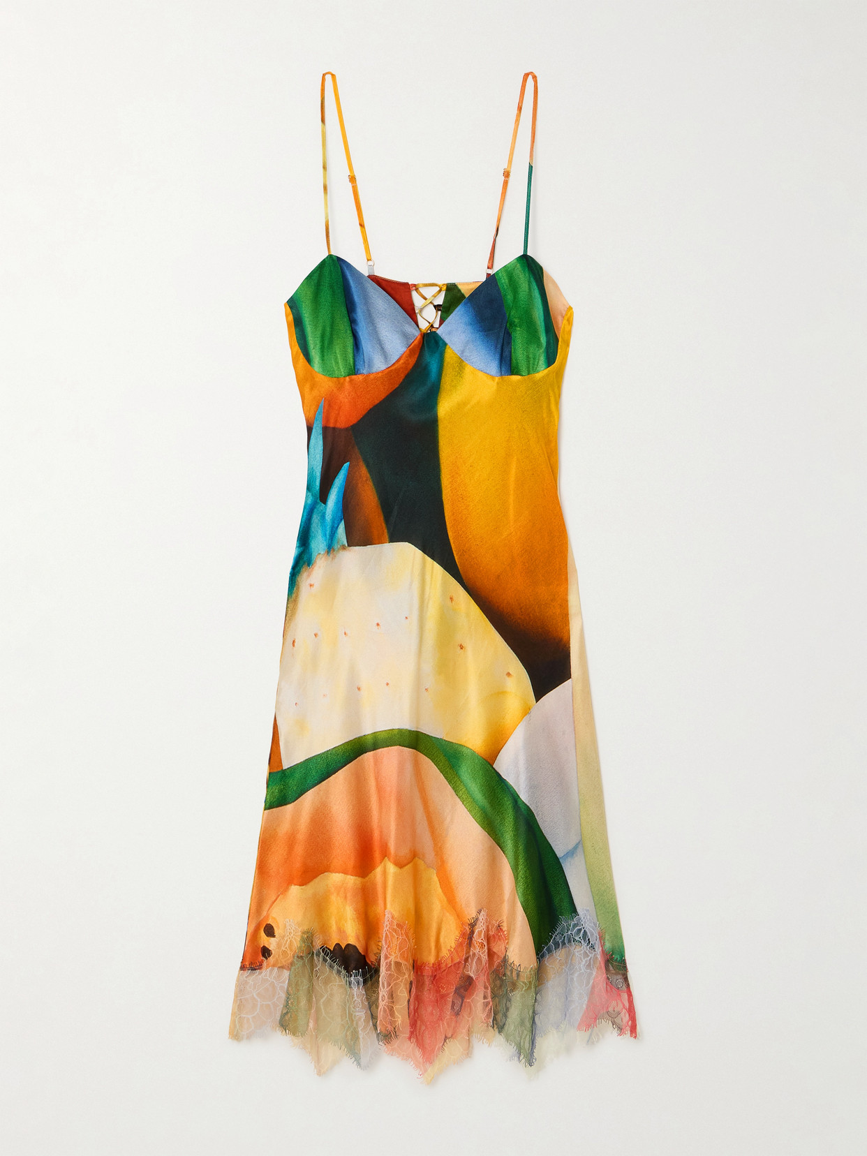 Donde Esteban Salpicon Lace-trimmed Printed Silk-satin Mini Dress