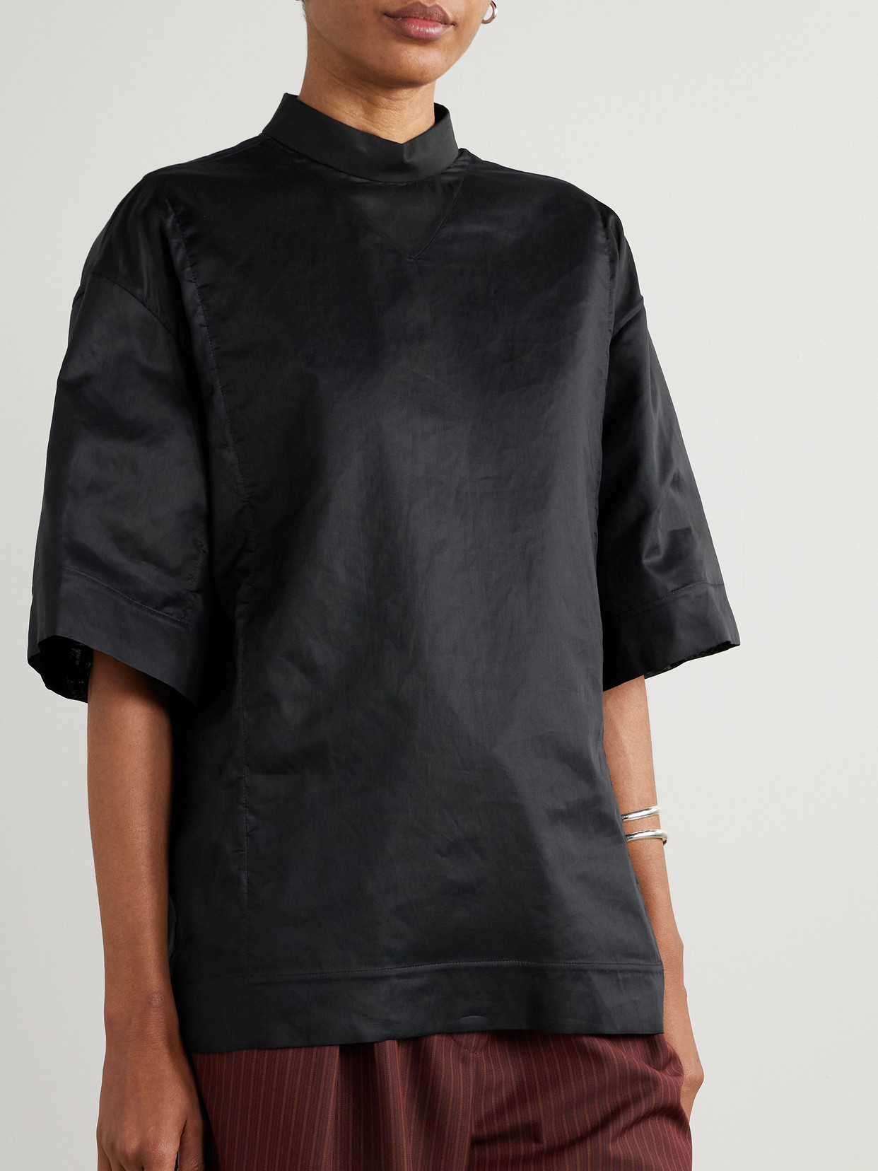 Oversized Organza-Trimmed Cotton-Poplin Top