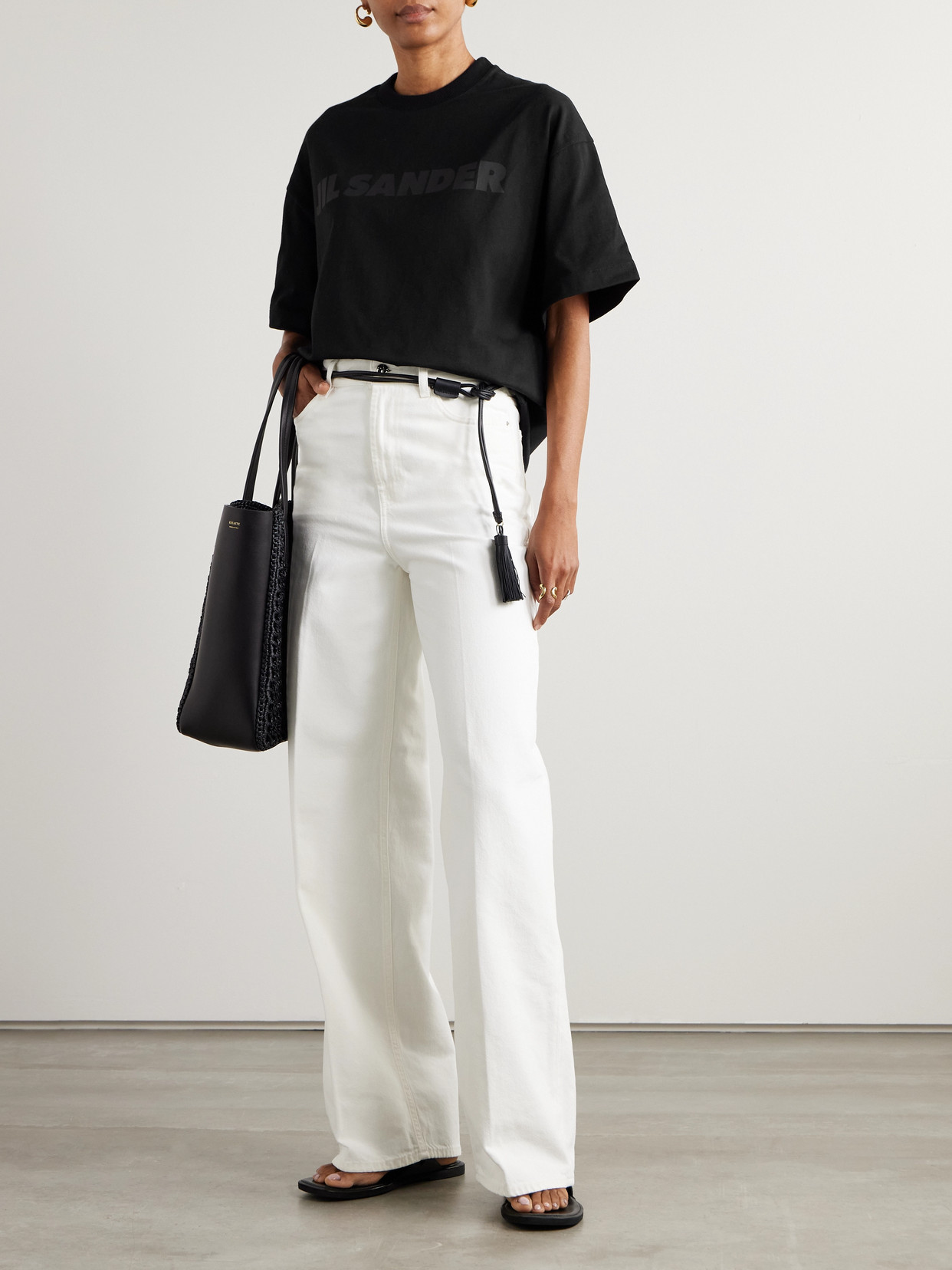Jil Sander Round Neck Black Cotton T-shirt With Tonal Logo Print