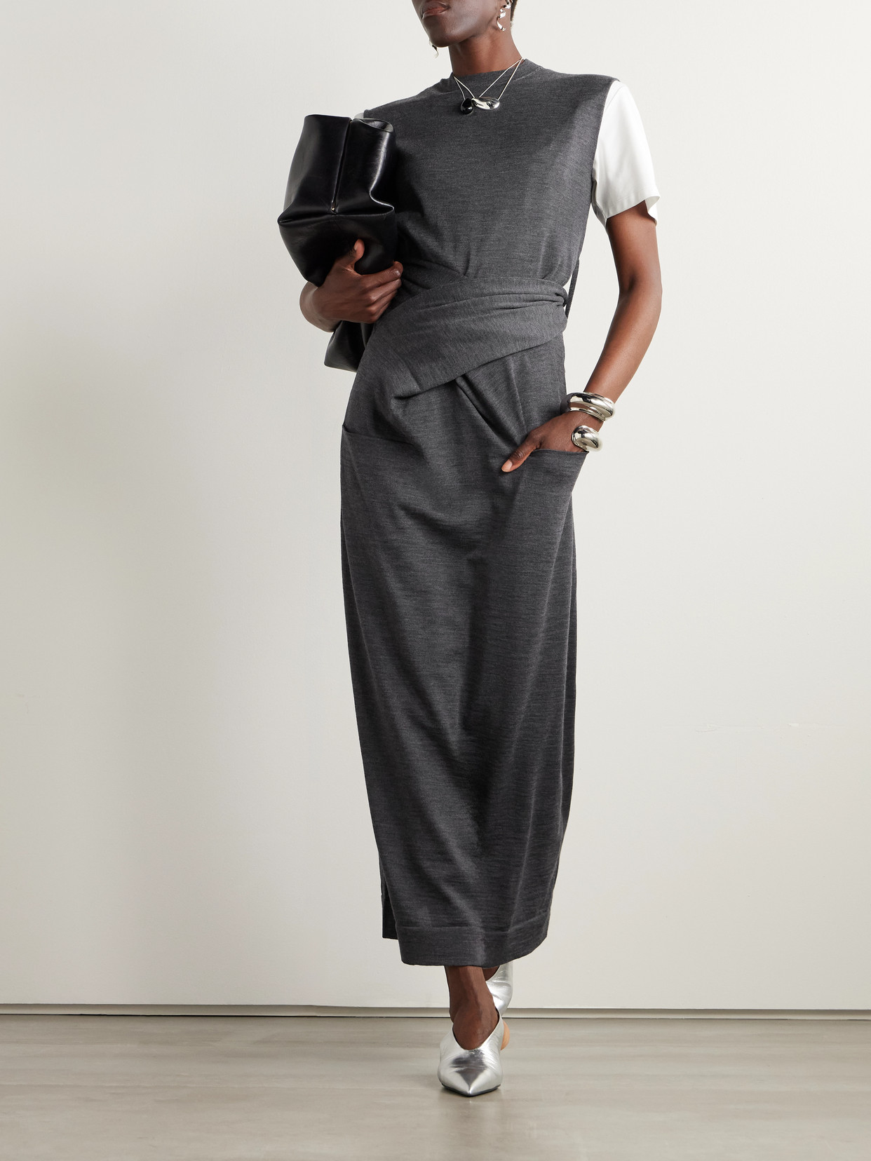 Jil Sander Gray Dress In Wool With Crossover Detail In Gray