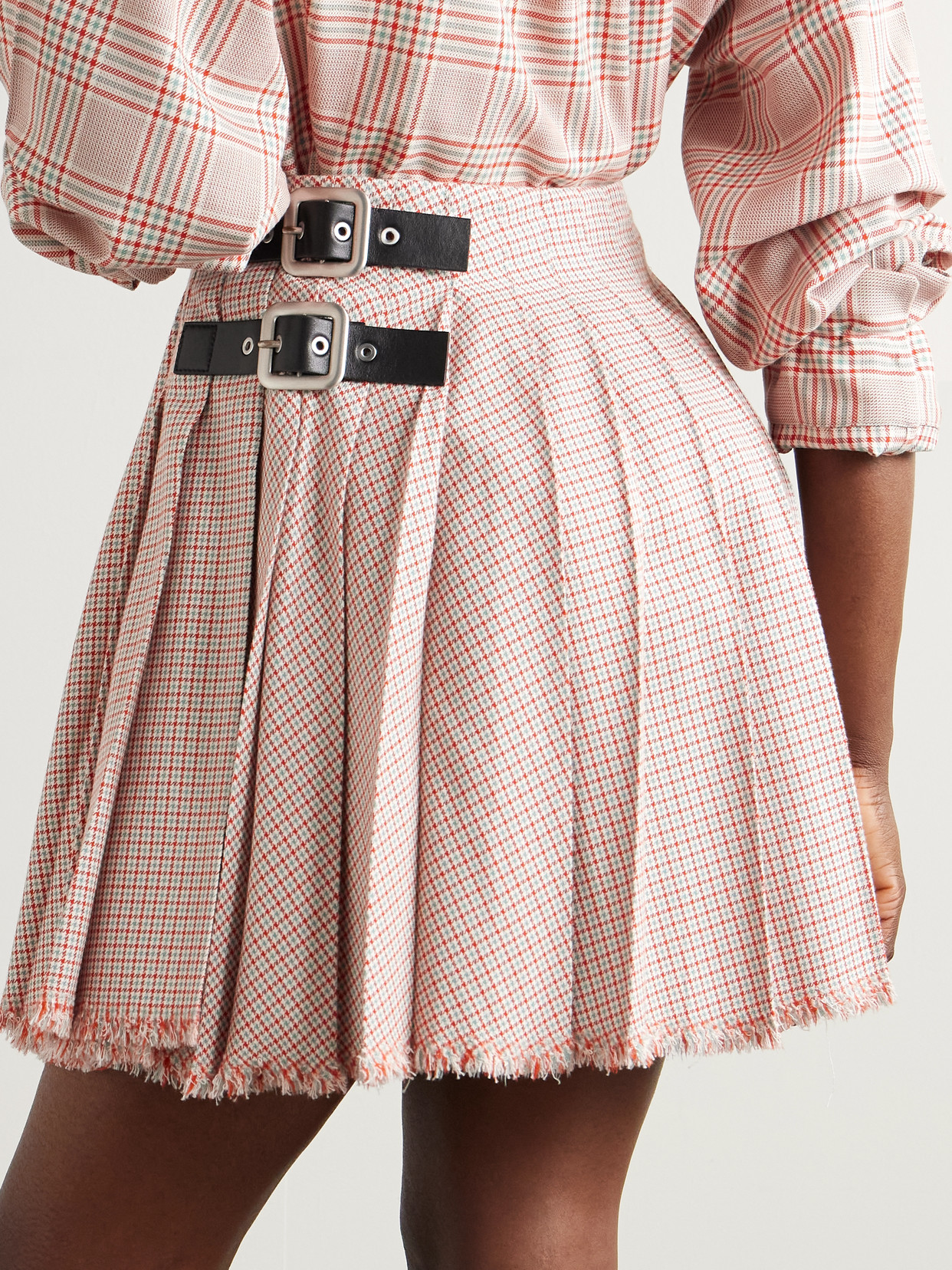 Jil Sander Belted Pleated Frayed Checked Cotton And Wool-blend Mini Skirt In Multi