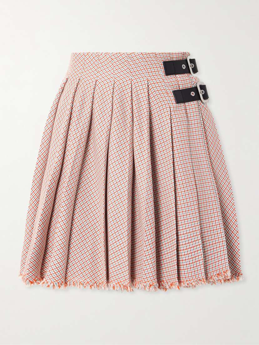 Jil Sander Belted Pleated Frayed Checked Cotton And Wool-blend Mini Skirt