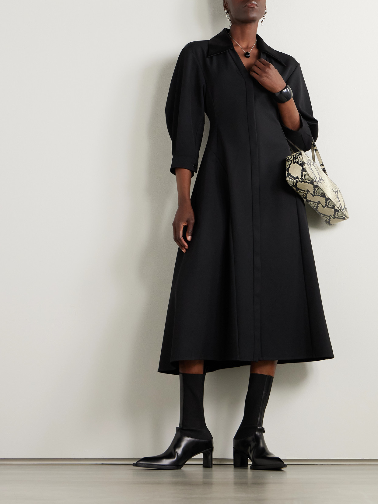 Jil Sander Asymmetric Satin-trimmed Wool-twill Midi Shirt Dress
