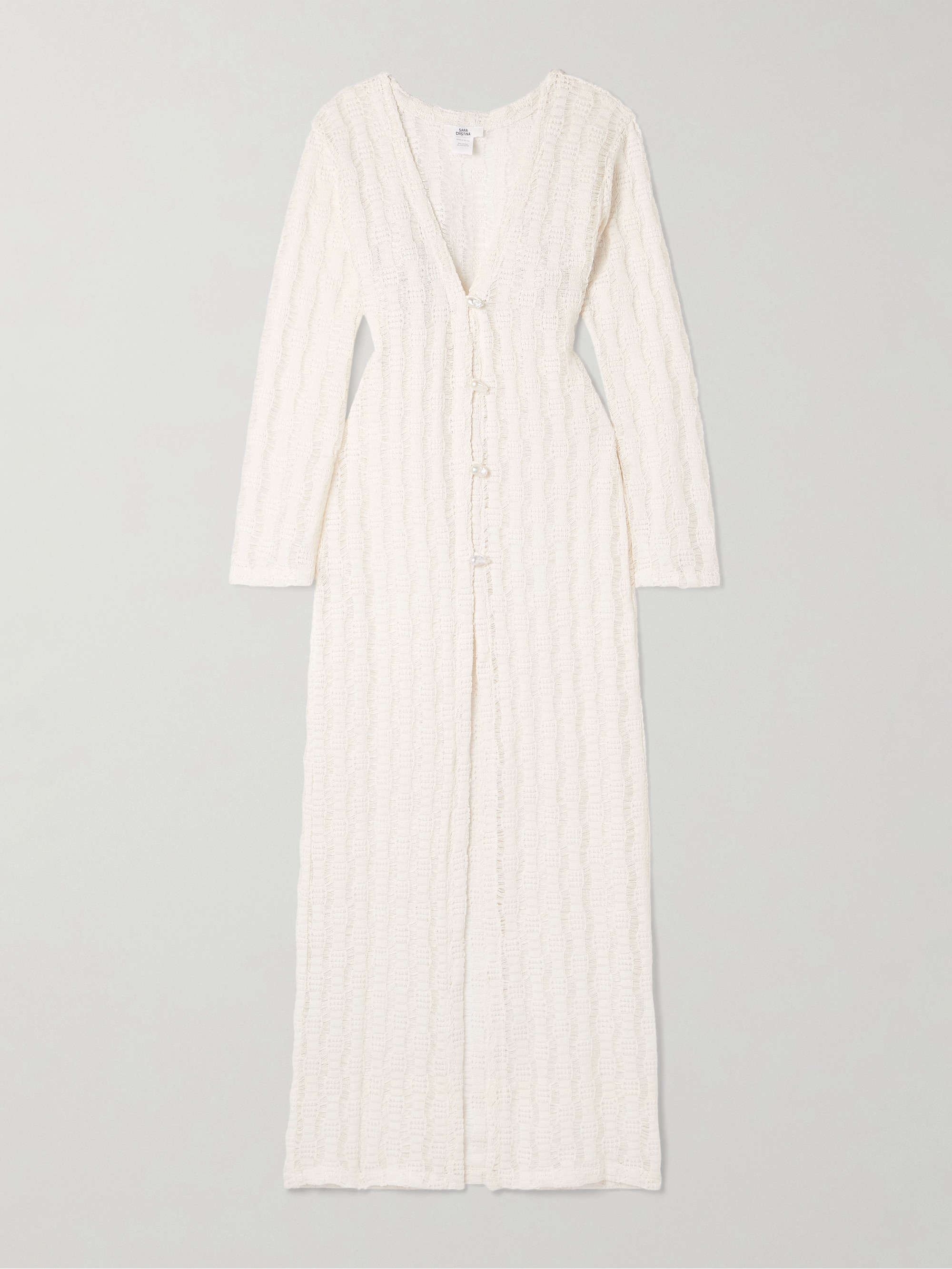 SARA CRISTINA Pearl-embellished crocheted cotton-blend coverup