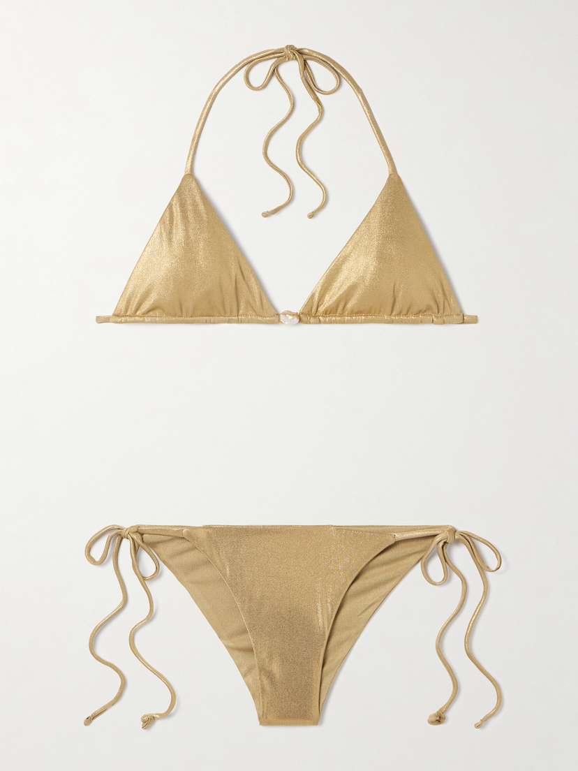 SARA CRISTINA Pearl-embellished Metallic Triangle Bikini