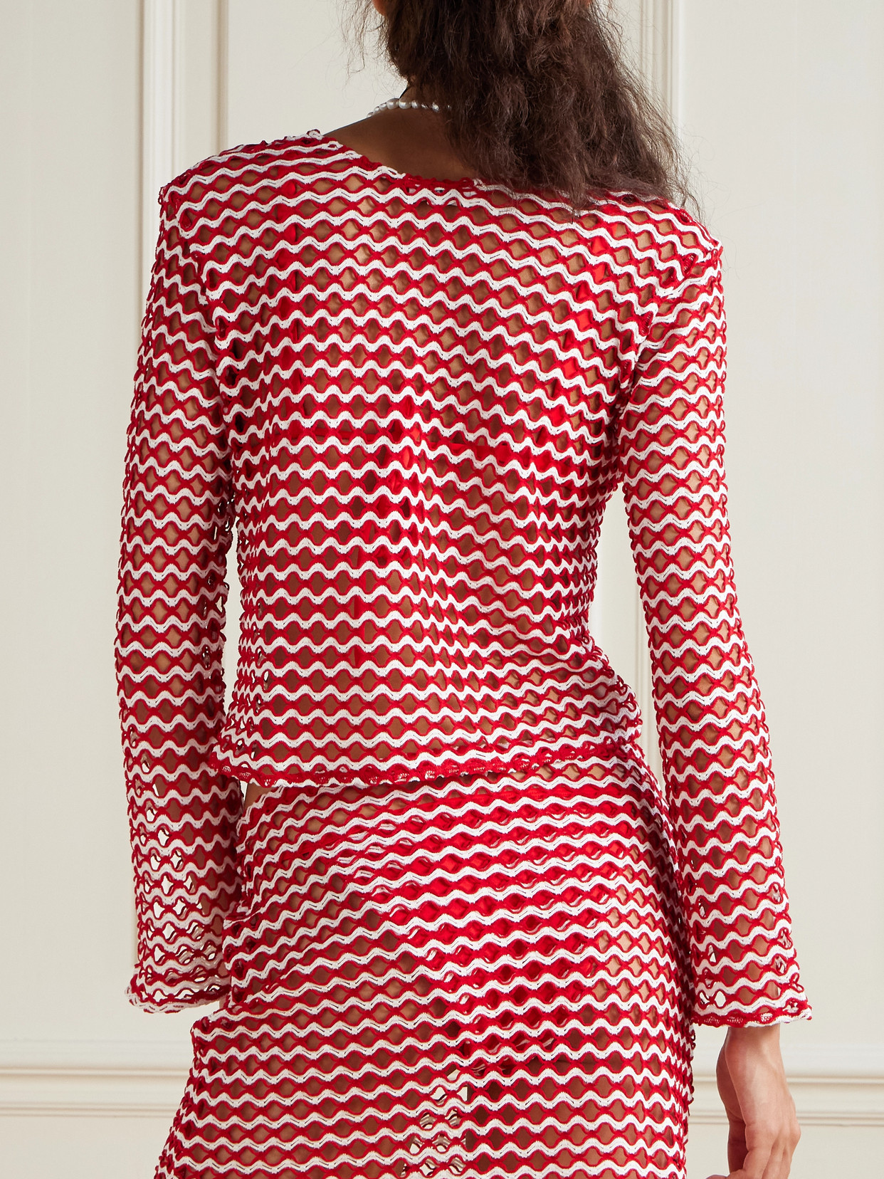 Sara Cristina Nerea Pearl-embellished Two-tone Crocheted Top In Red
