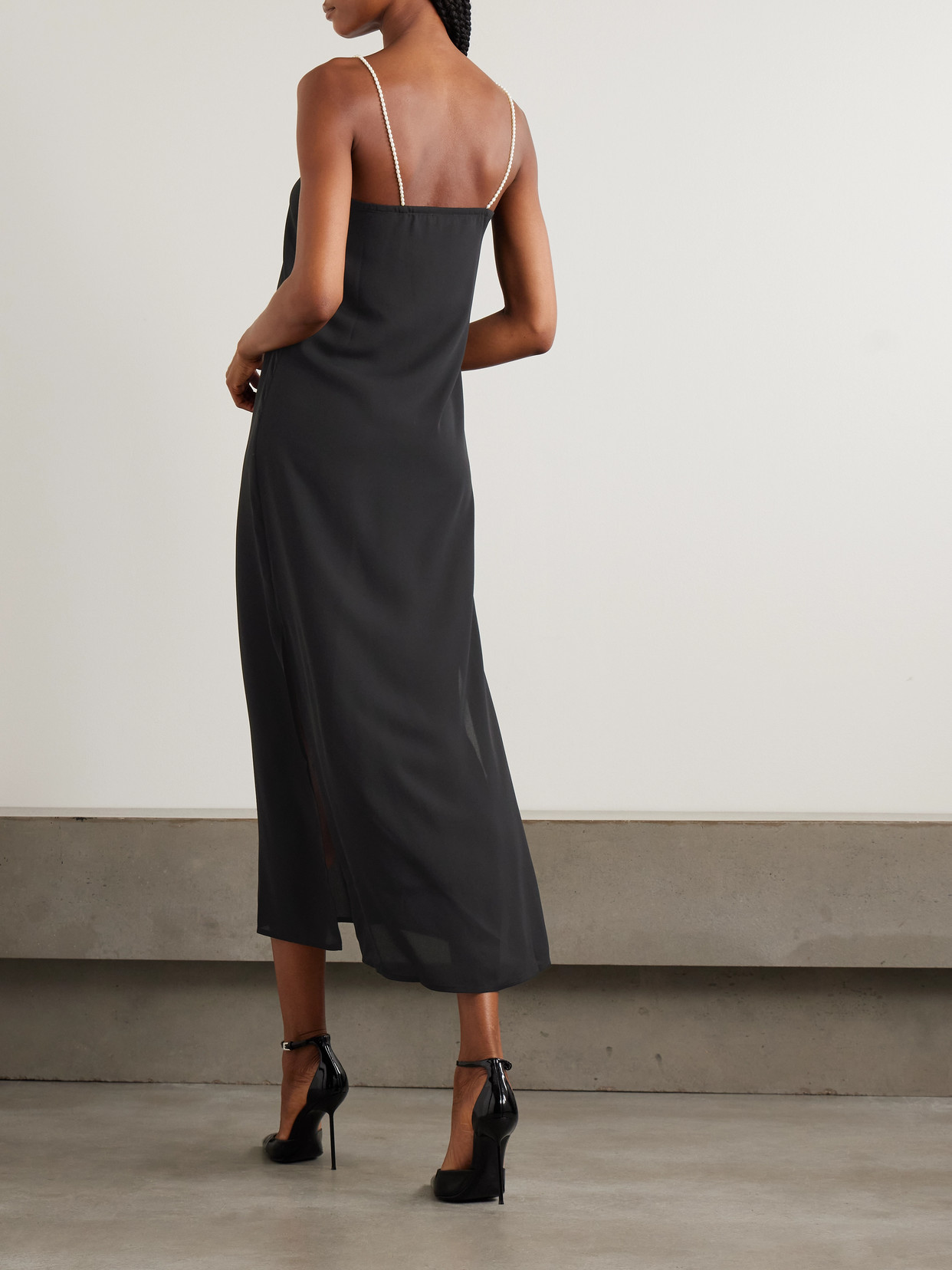 Sara Cristina Pearl-embellished Recycled-georgette Midi Dress In Black