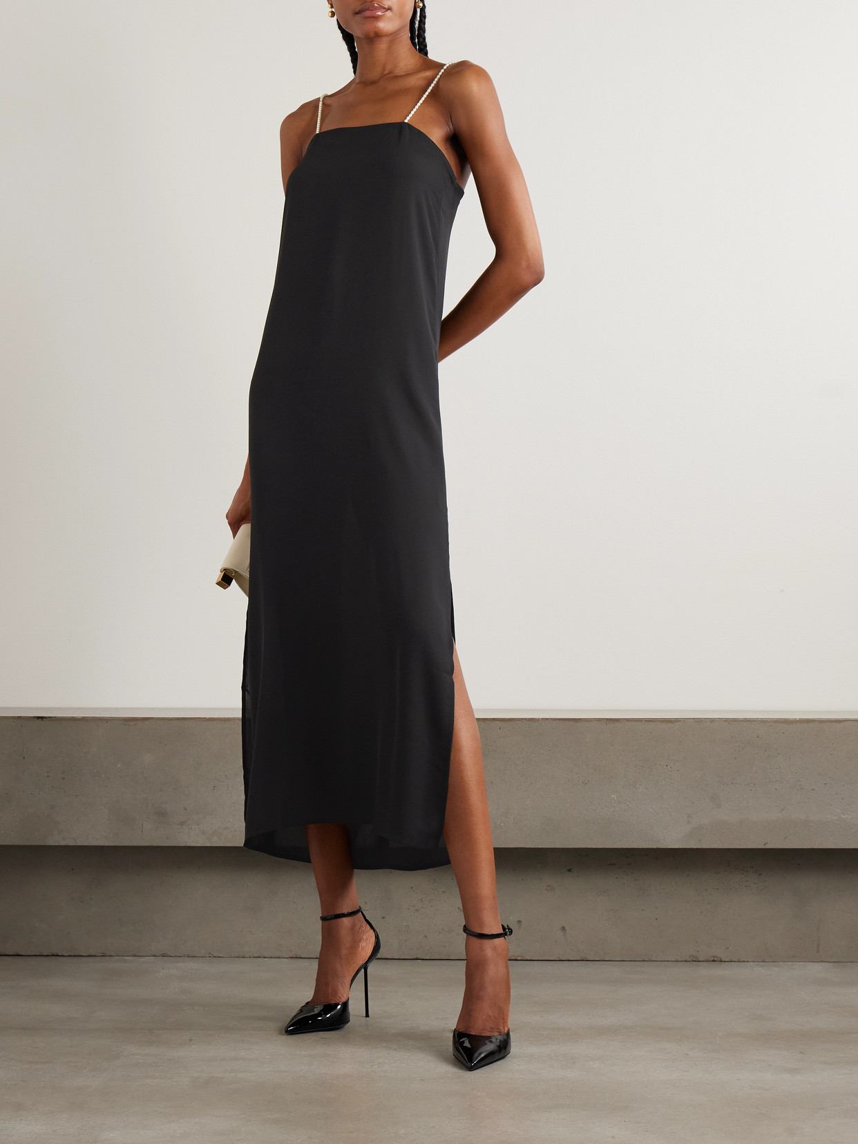 Sara Cristina Pearl-embellished Recycled-georgette Midi Dress In Black