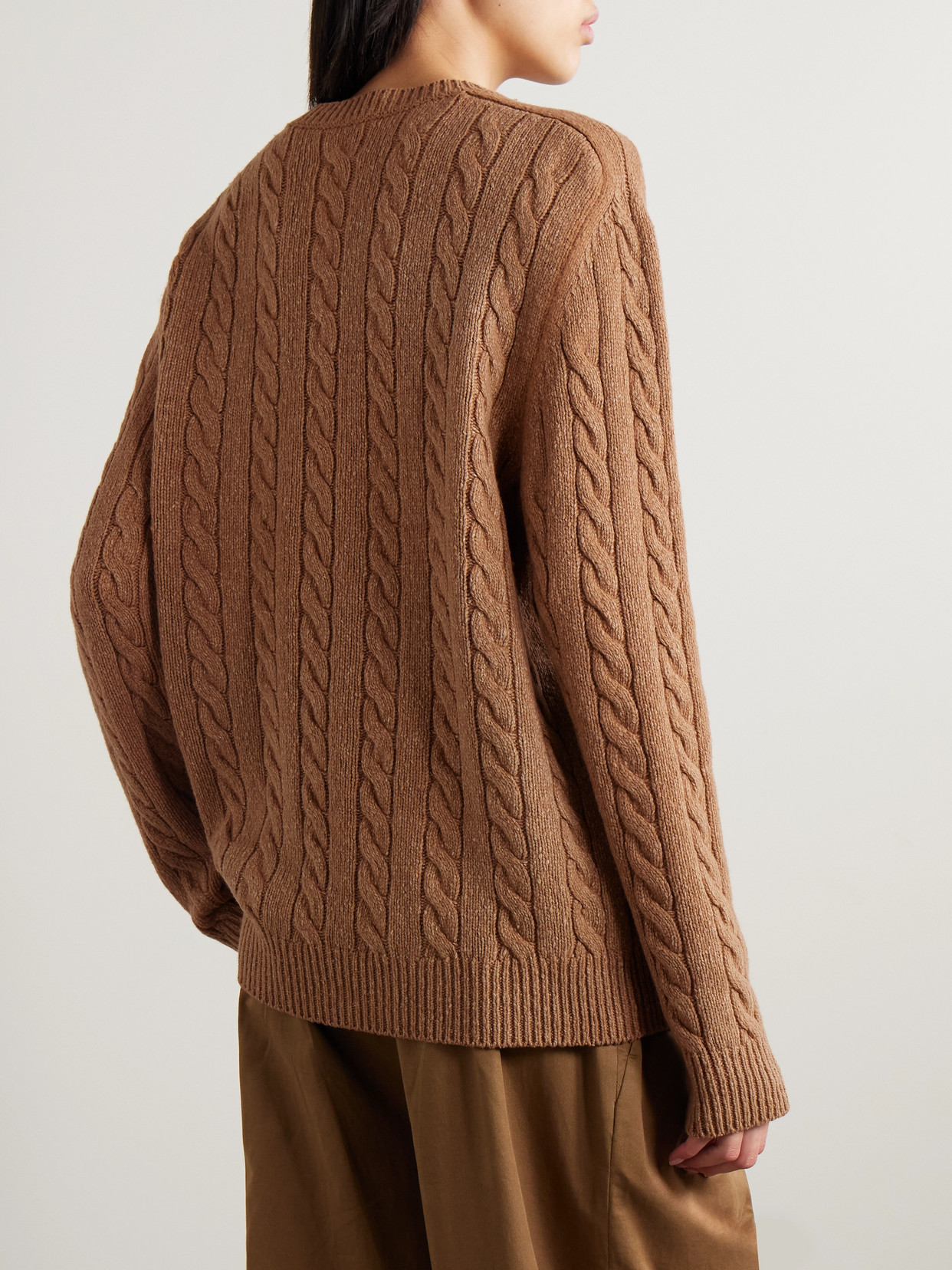 The Row Loneke Cable Knit Crewneck Cardigan In Brown