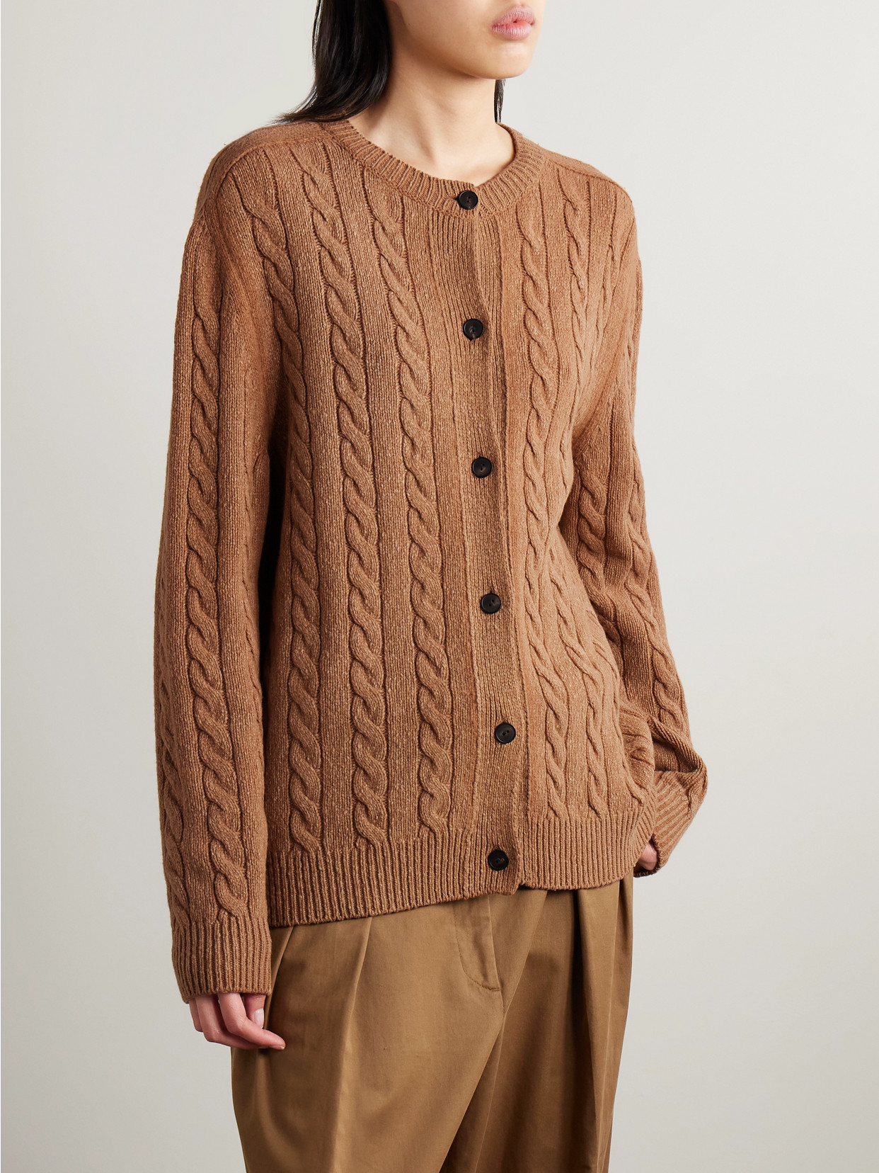 The Row Loneke Cable Knit Crewneck Cardigan In Brown