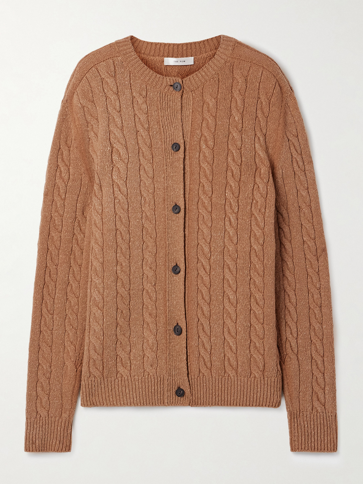The Row Loneke Cable Knit Crewneck Cardigan In Brown