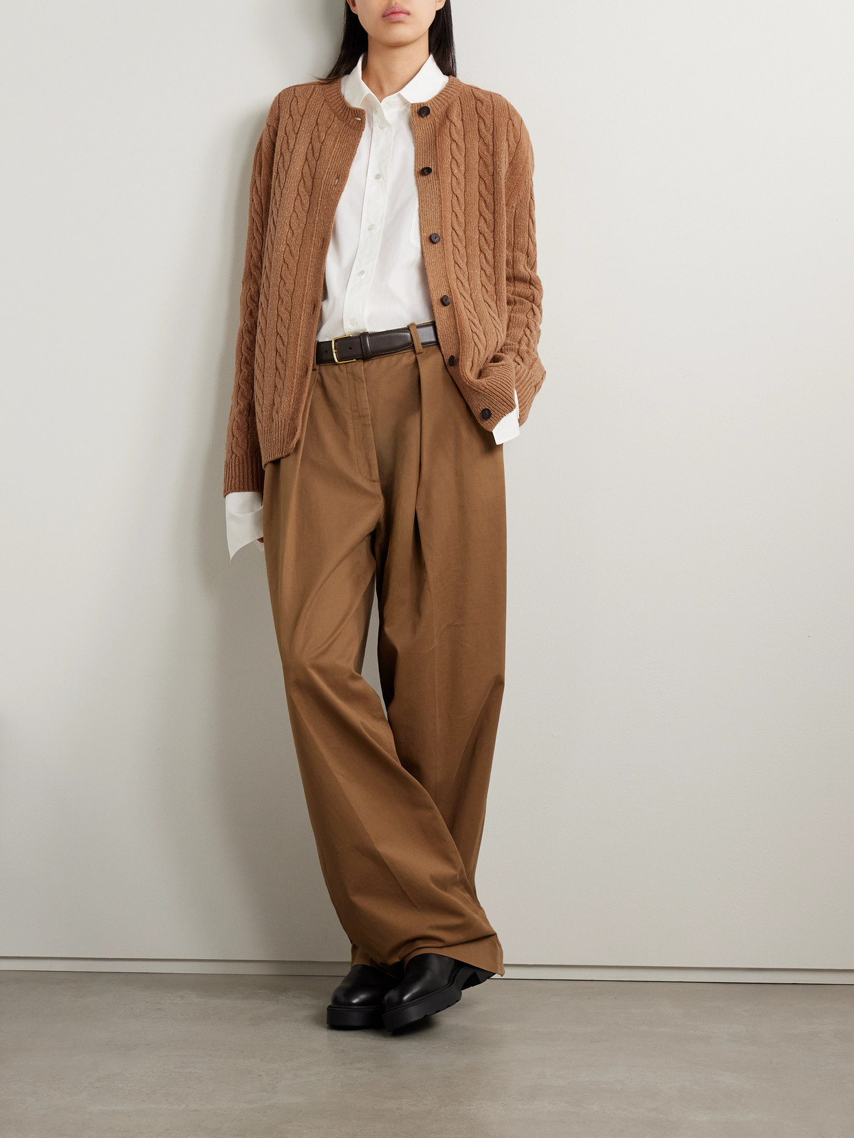 The Row Loneke Cable Knit Crewneck Cardigan In Brown