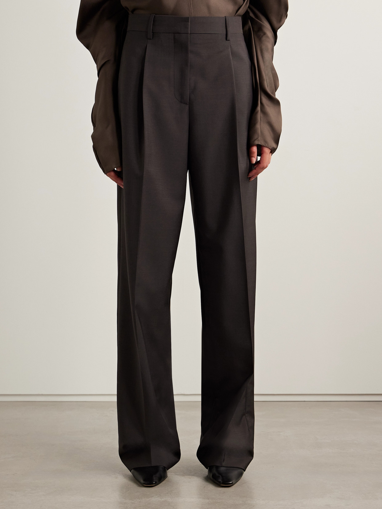 The Row Mikkela Pleated Wool And Mohair-blend Twill Wide-leg Pants In Brown