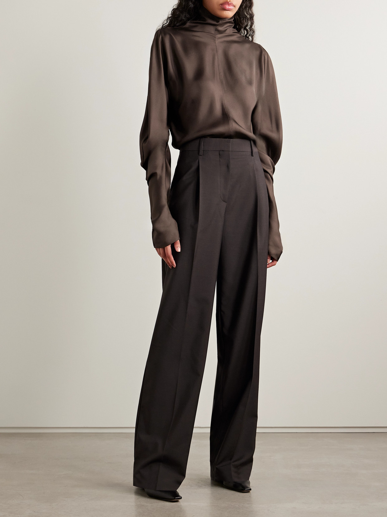 The Row Mikkela Pleated Wool And Mohair-blend Twill Wide-leg Pants In Brown
