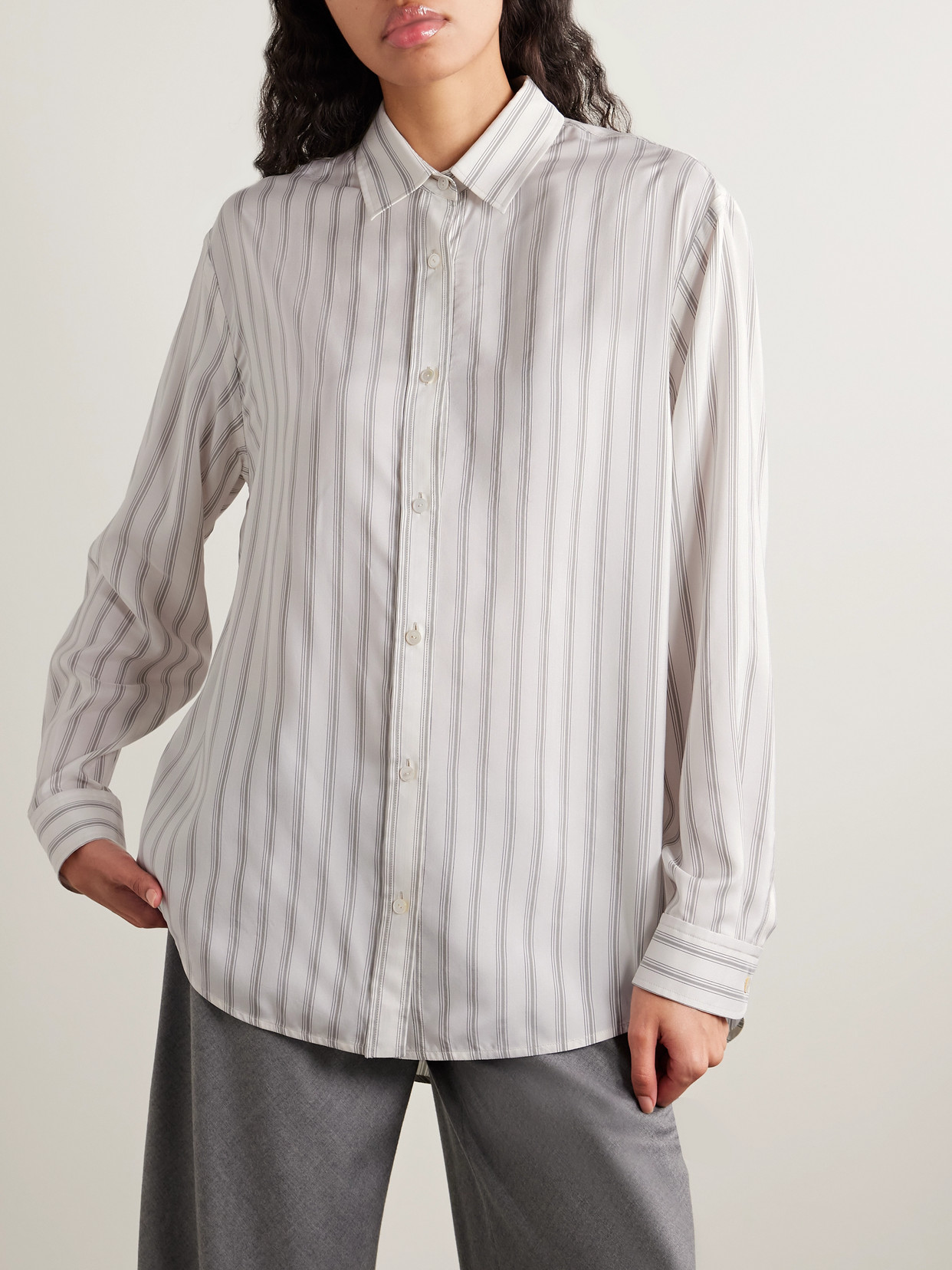 The Row Eirlys Oversized Striped Silk Crepe De Chine Shirt In White