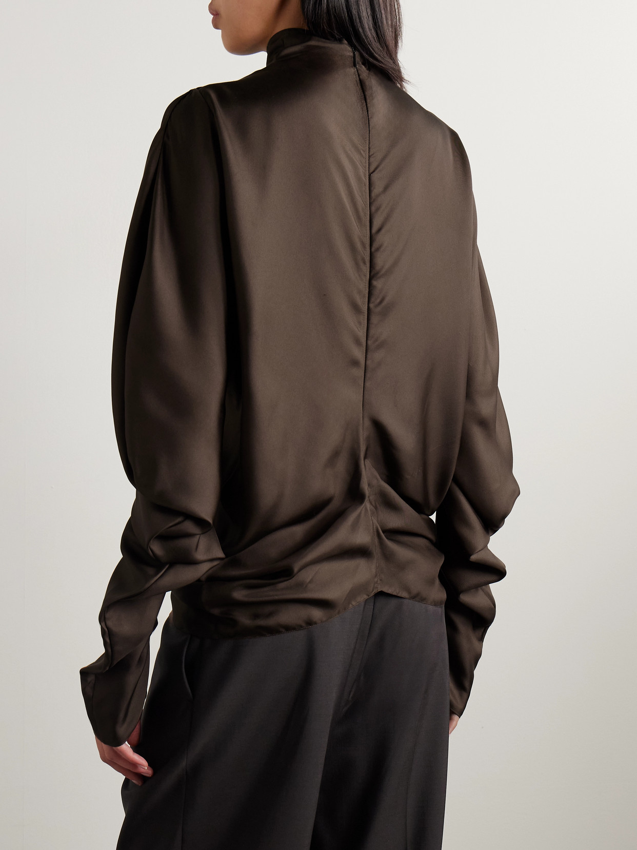 The Row Miles Gathered Silk-twill Blouse In Brown