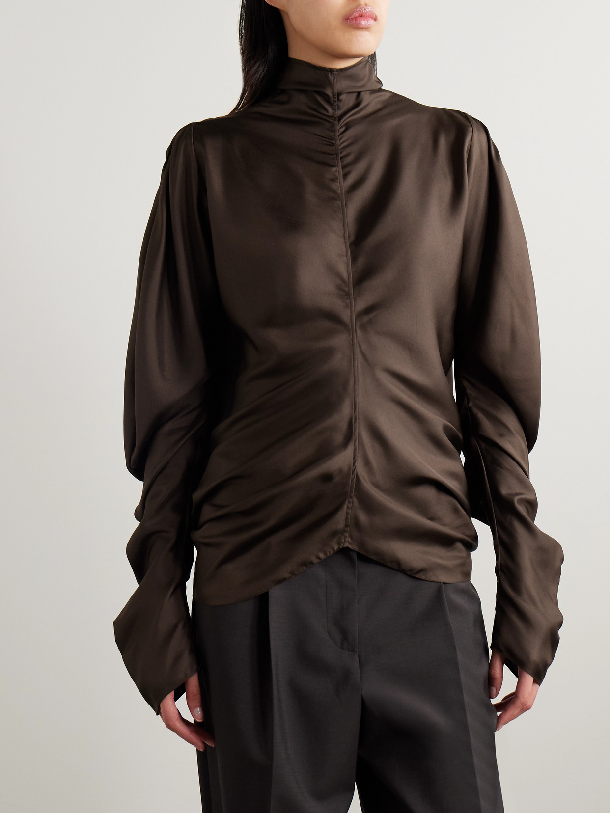 The Row Miles Gathered Silk-twill Blouse In Brown