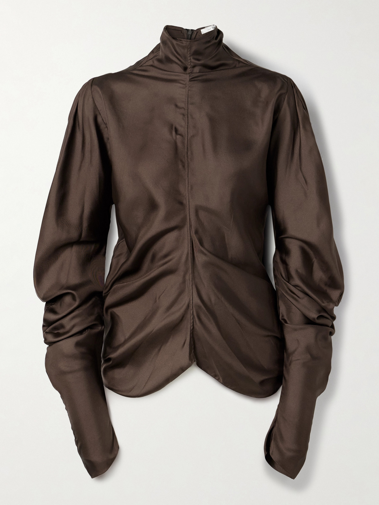 The Row Miles Gathered Silk-twill Blouse In Brown