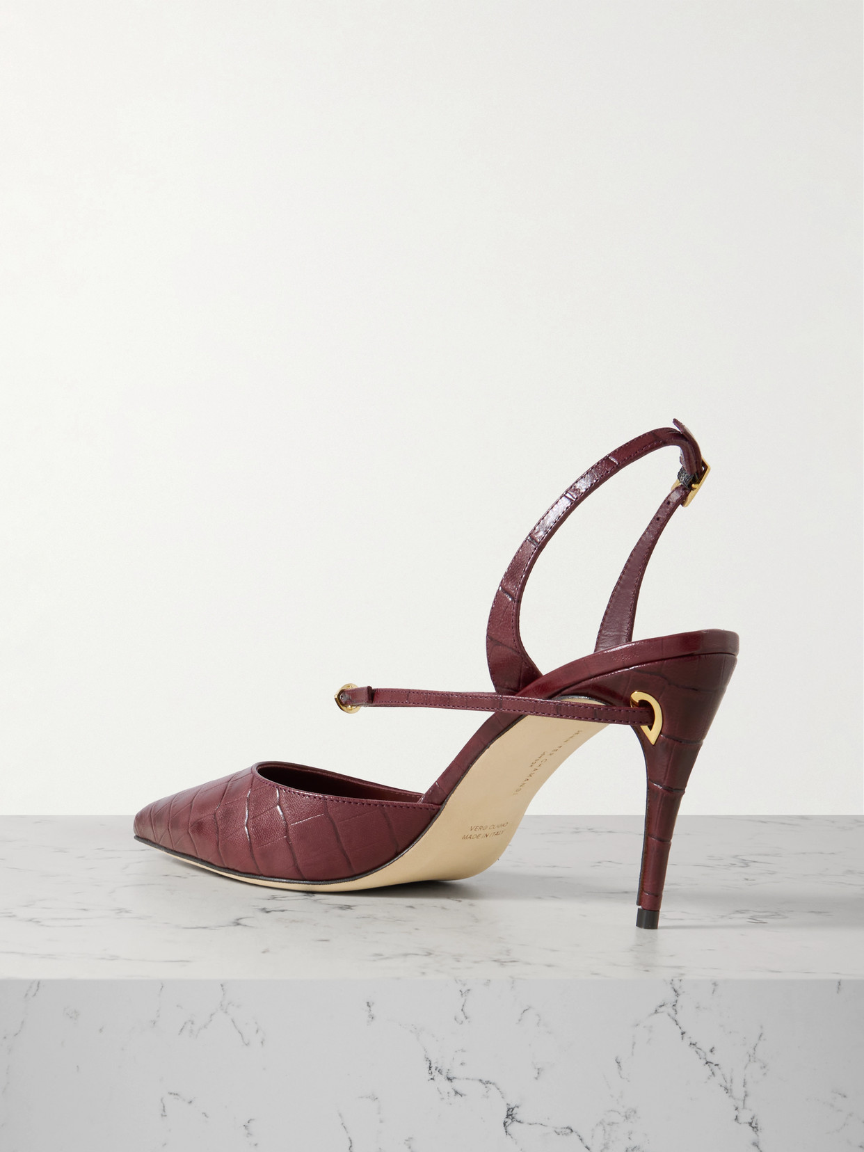 Jennifer Chamandi Vittorio 85 Croc-effect Leather Point-toe Slingback Pumps In Burgundy