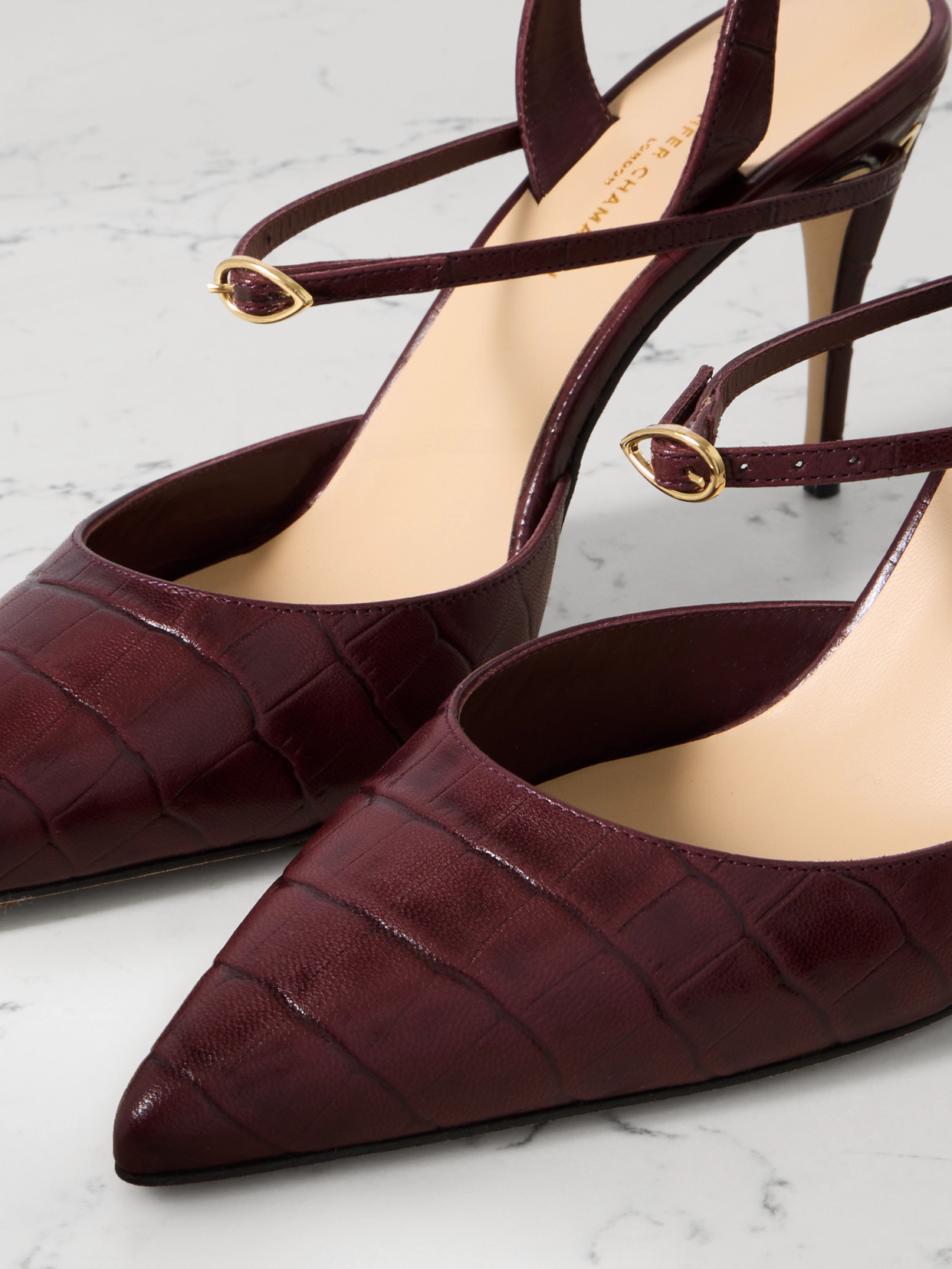 Jennifer Chamandi Vittorio 85 Croc-effect Leather Point-toe Slingback Pumps In Burgundy