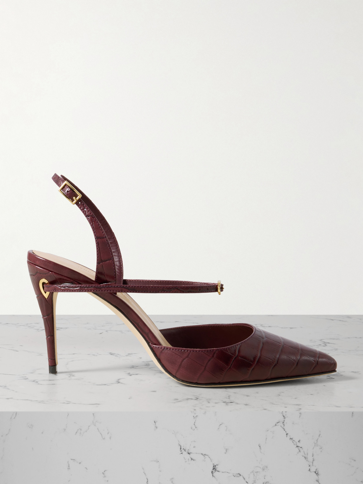 Jennifer Chamandi Vittorio 85 Croc-effect Leather Point-toe Slingback Pumps In Burgundy