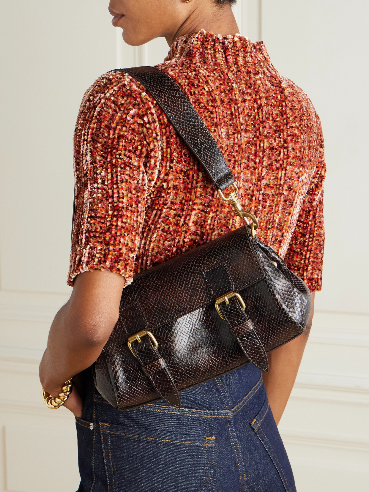 Dries Van Noten Snake-effect Leather Shoulder Bag In Brown