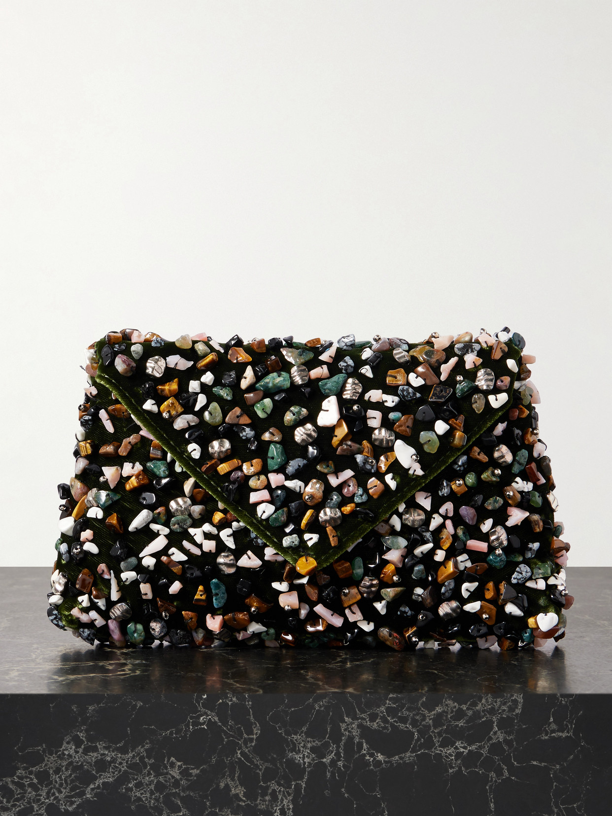 Dries Van Noten Stone-embellished Velvet Clutch In Green