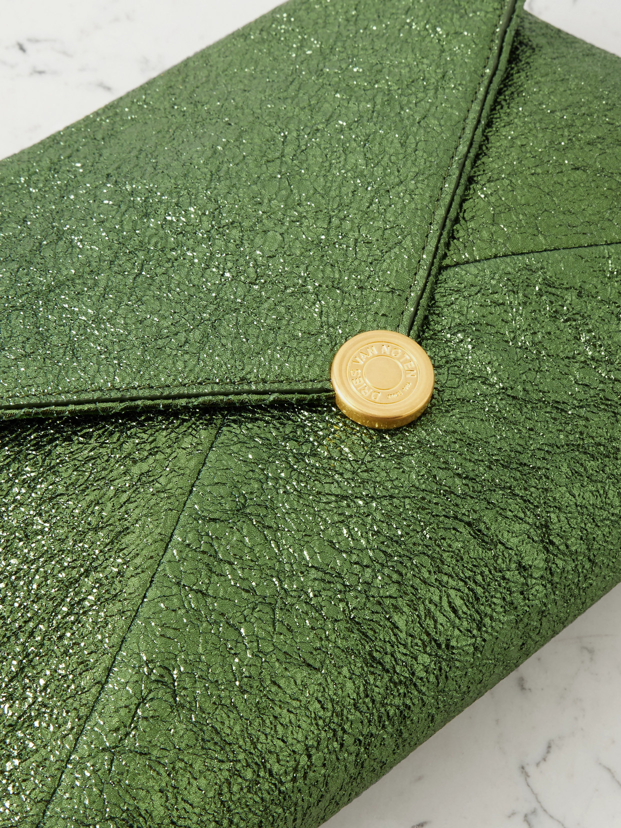 Dries Van Noten Medium Metallic Cloqué Clutch In Green