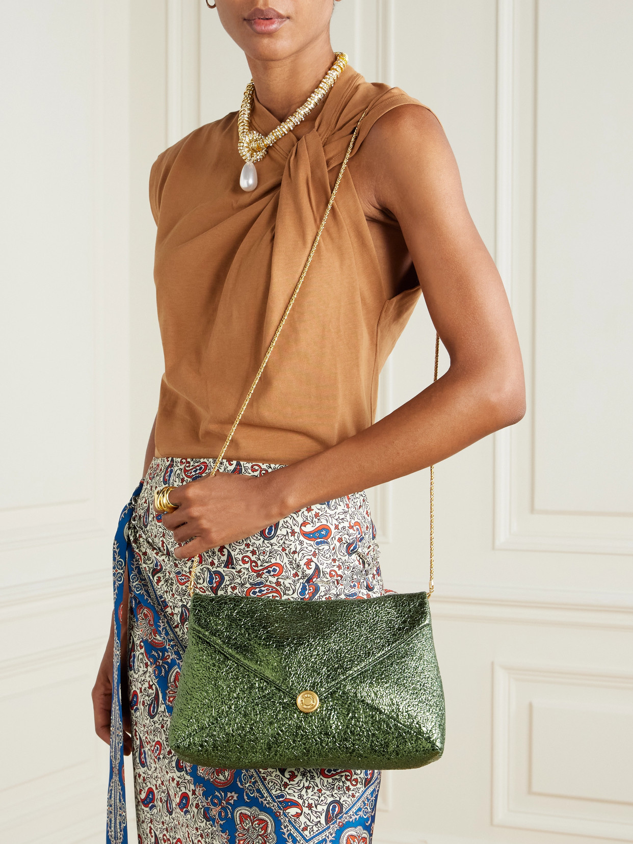 Dries Van Noten Medium Metallic Cloqué Clutch In Green