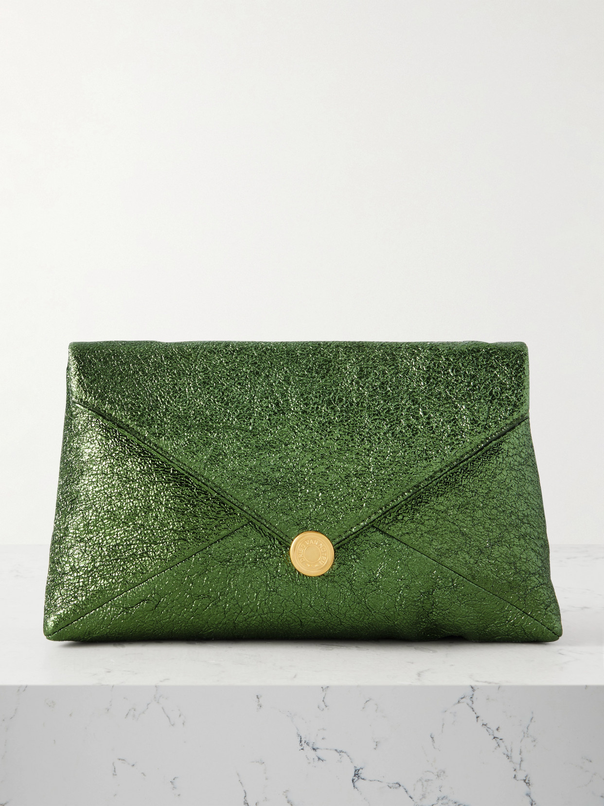 Dries Van Noten Medium Metallic Cloqué Clutch In Green