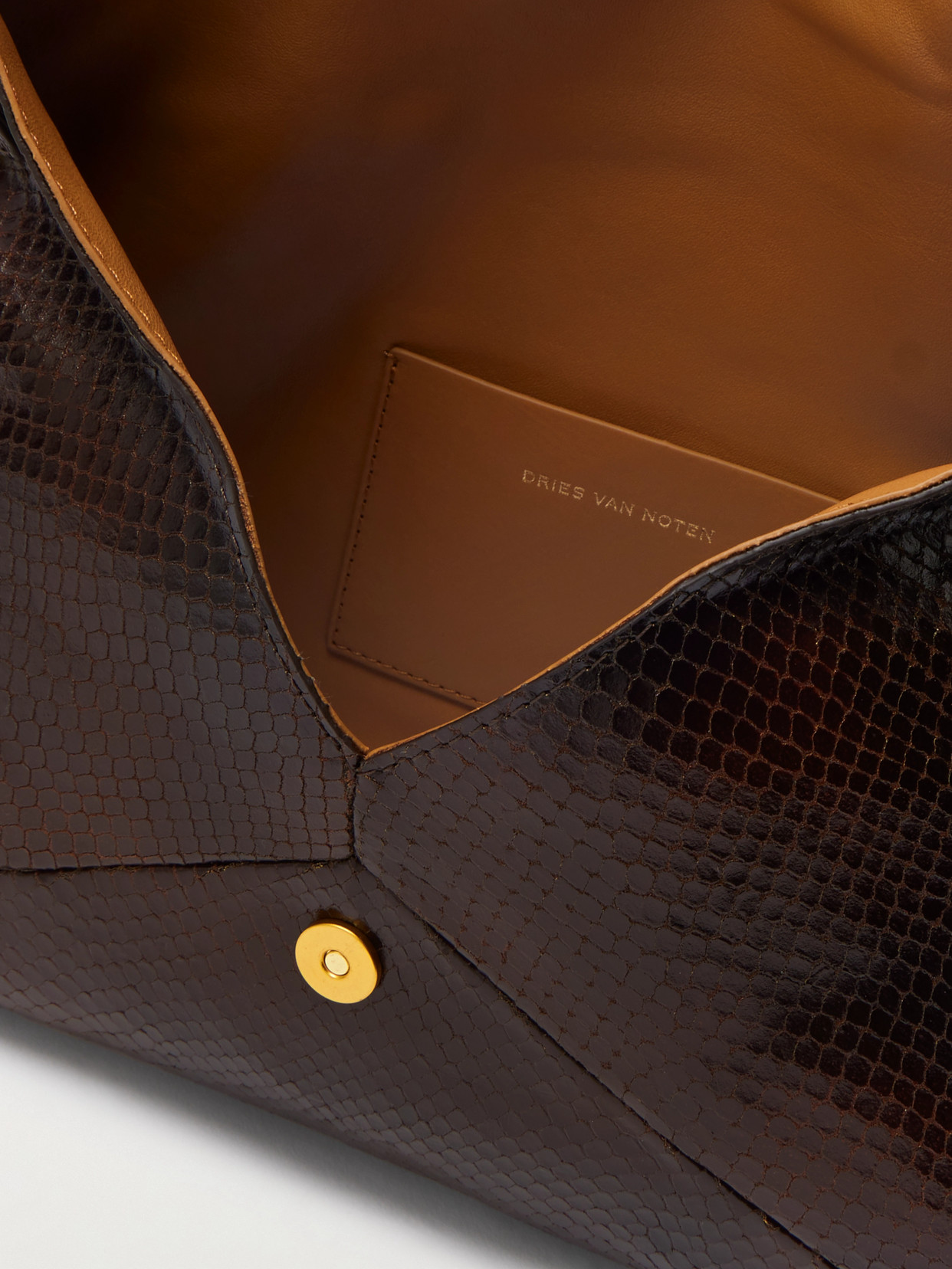 Dries Van Noten Medium Snake-effect Leather Clutch In Brown