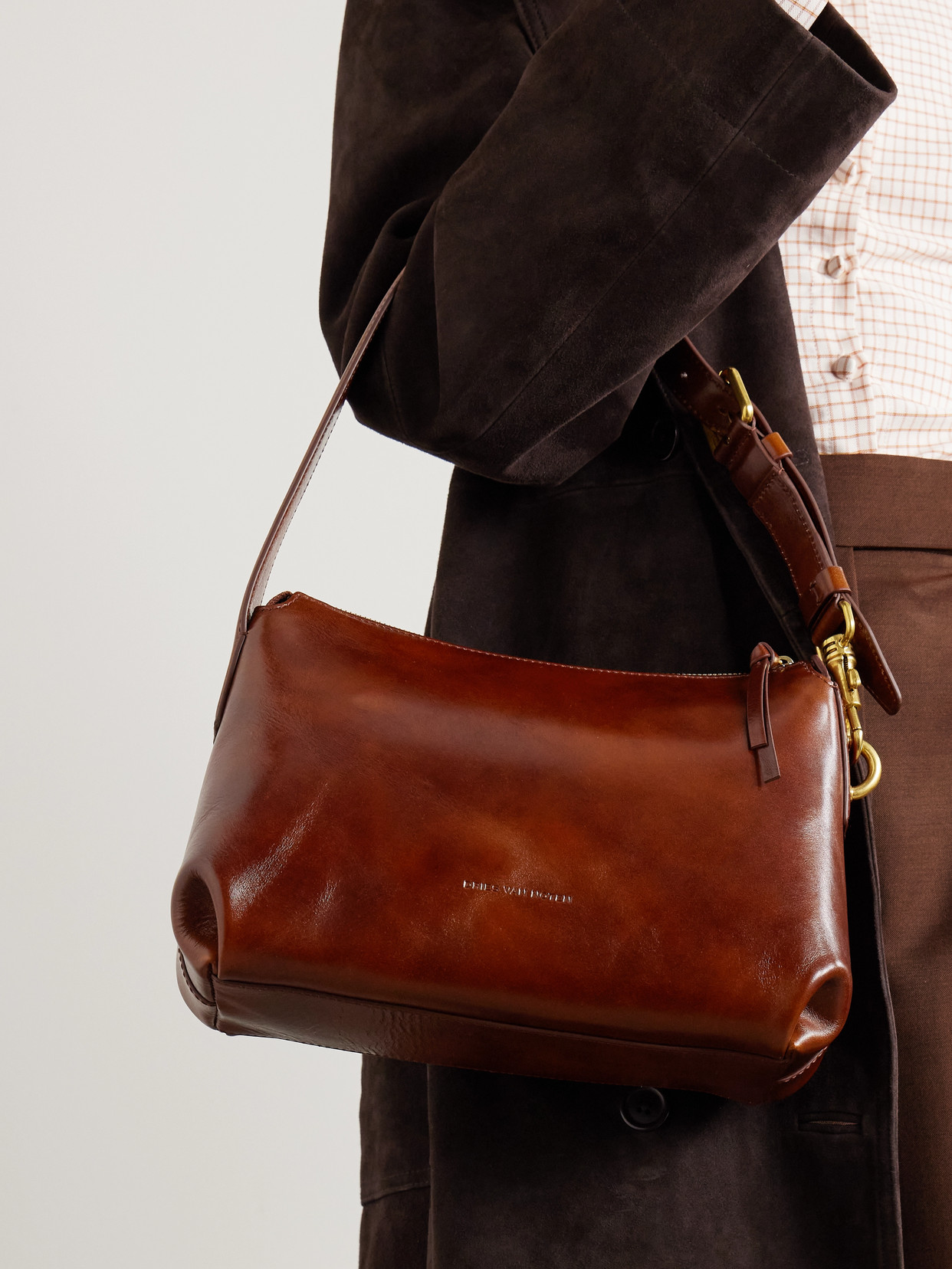 Dries Van Noten Small Glossed-leather Shoulder Bag In Brown