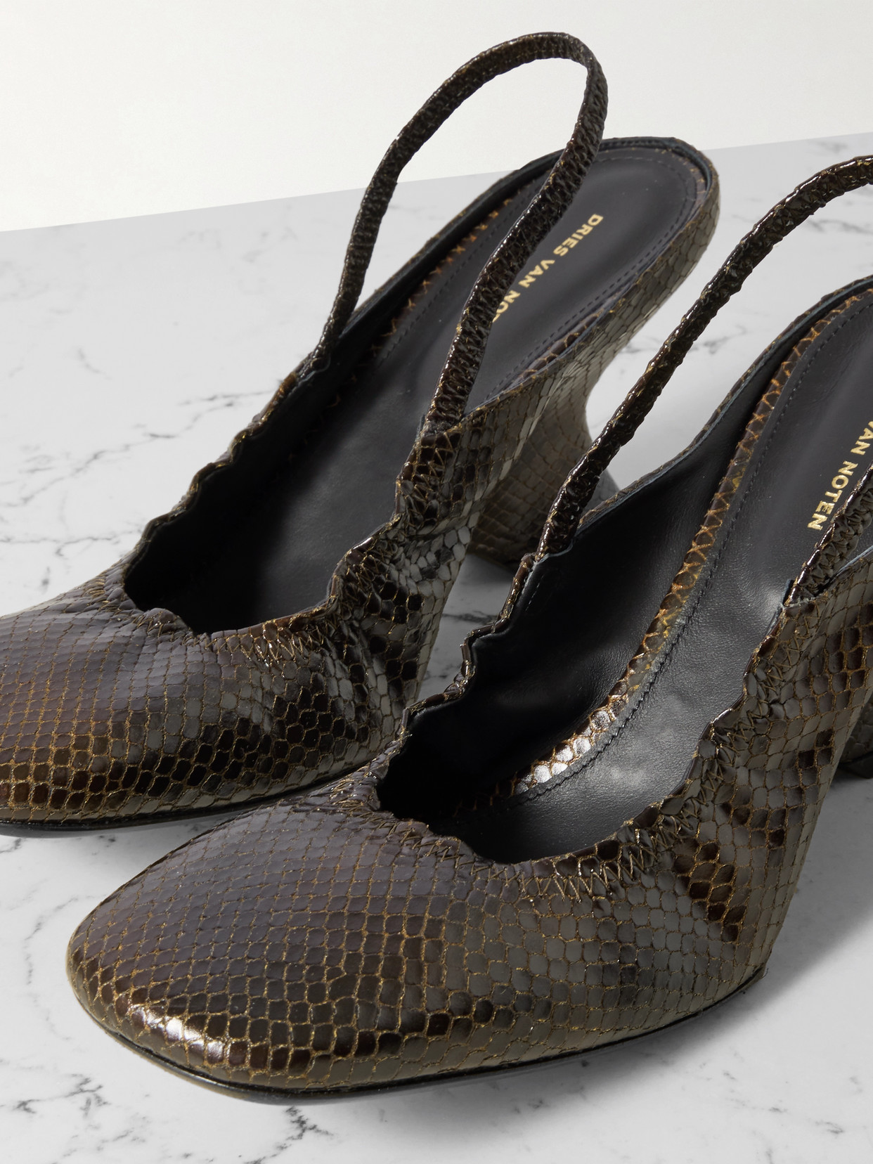 Dries Van Noten Snake-effect Leather Slingback Ballet Pumps In Brown