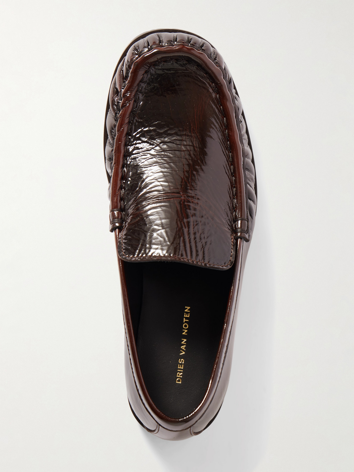 Dries Van Noten Patent Crinkled-leather Loafers In Brown