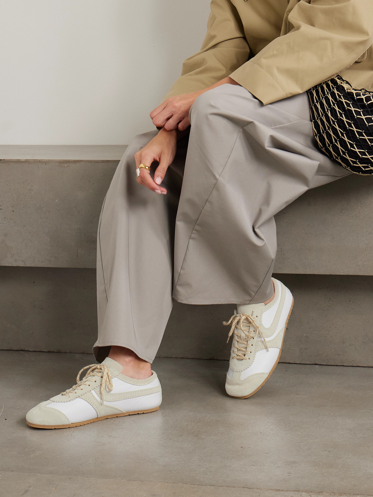 Dries Van Noten Leather Sneakers Low Profile Suede Panels Rubber Sole In White