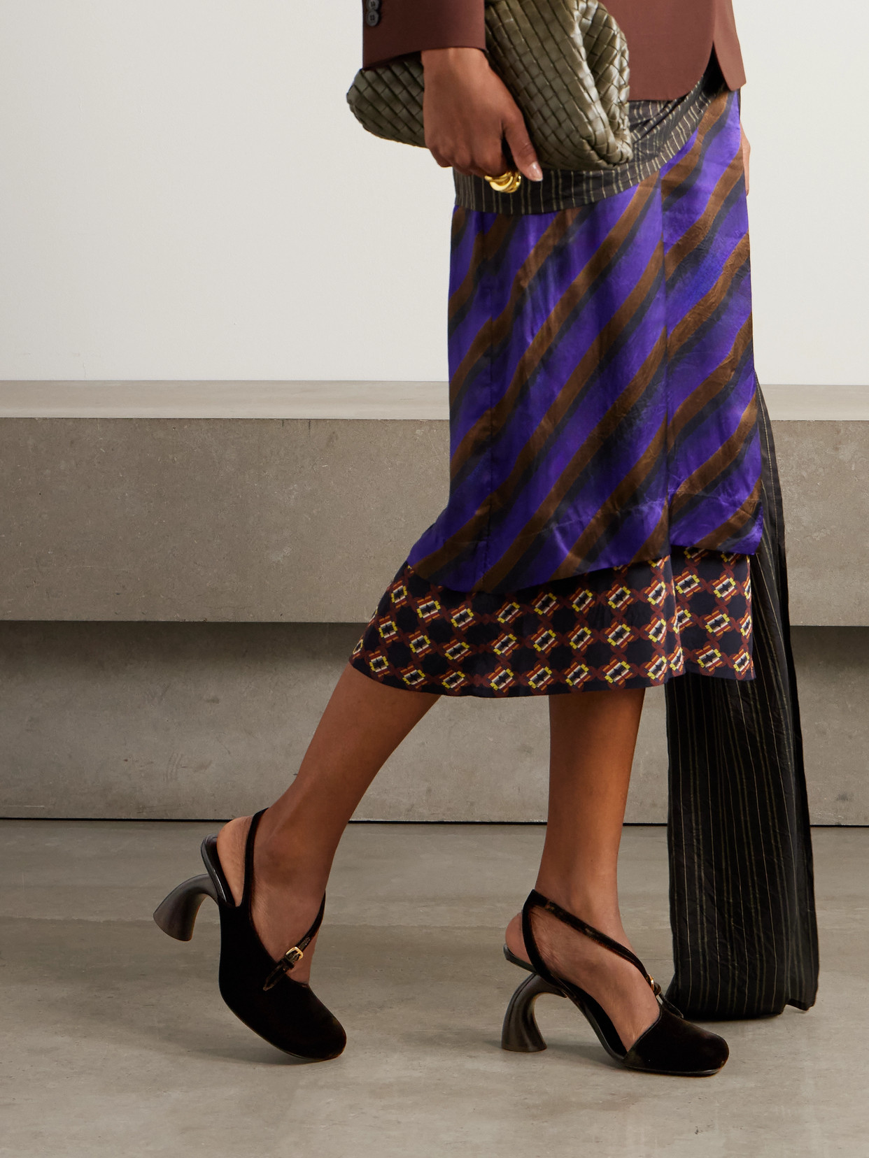 Dries Van Noten Velvet Abstrack Slingback Heels 95 In Brown