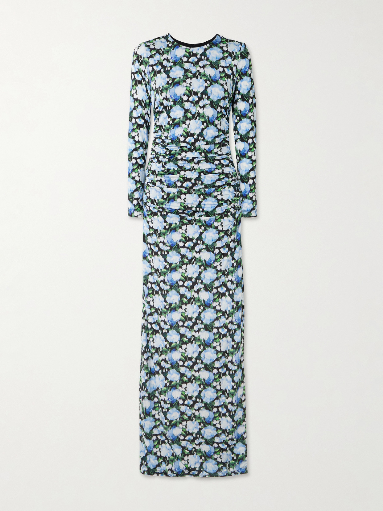 Carolina Herrera Ruched Floral-print Stretch-jersey Maxi Dress In Blue