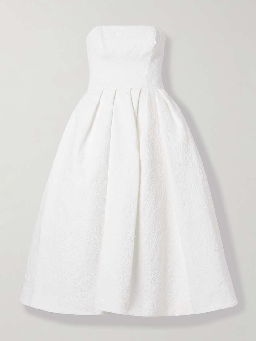 Carolina Herrera Strapless Pleated Cotton-blend Cloqué Midi Dress