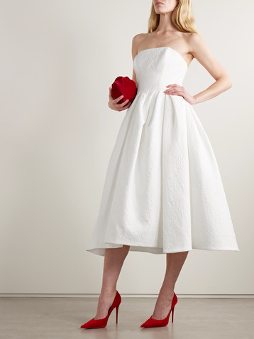 Carolina Herrera Strapless pleated cotton-blend cloqué midi dress