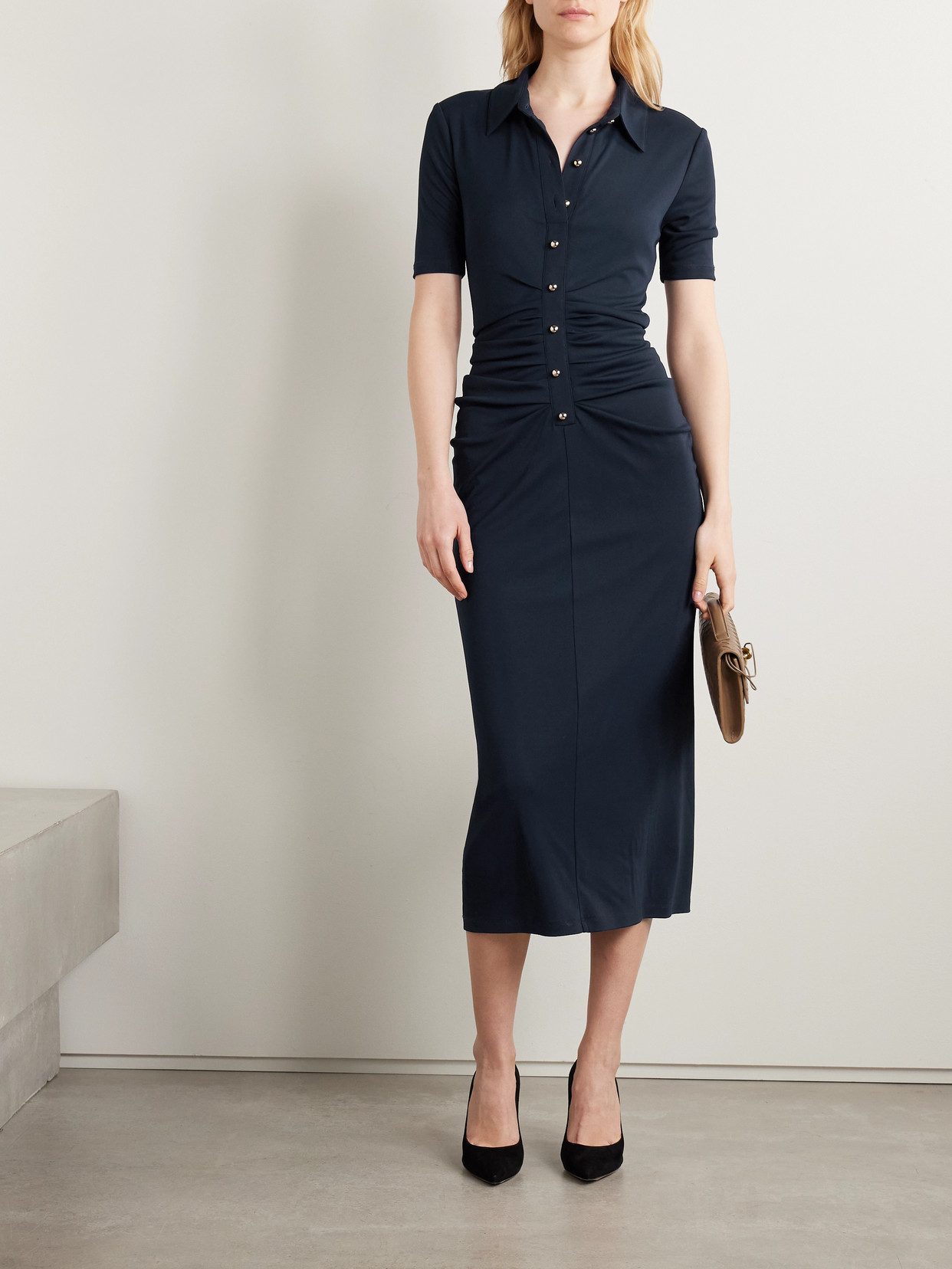 Carolina Herrera Ruched Stretch-jersey Midi Shirt Dress