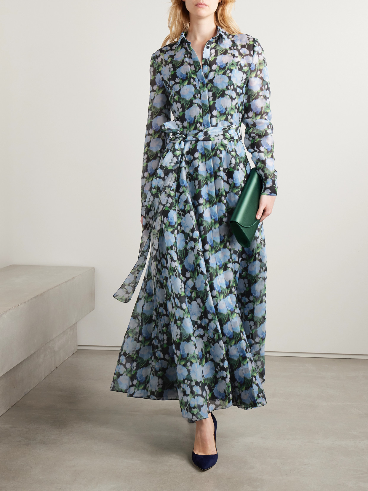 Carolina Herrera Belted Floral-print Silk-organza Midi Shirt Dress