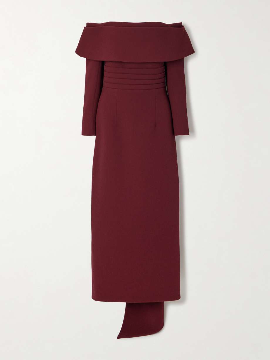 derika off-the-shoulder pleated textured-crepe gown