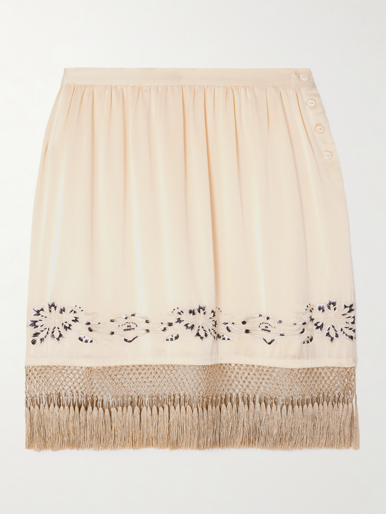 Bode Phantasm Fringed Embroidered Silk-satin Mini Skirt In Sand