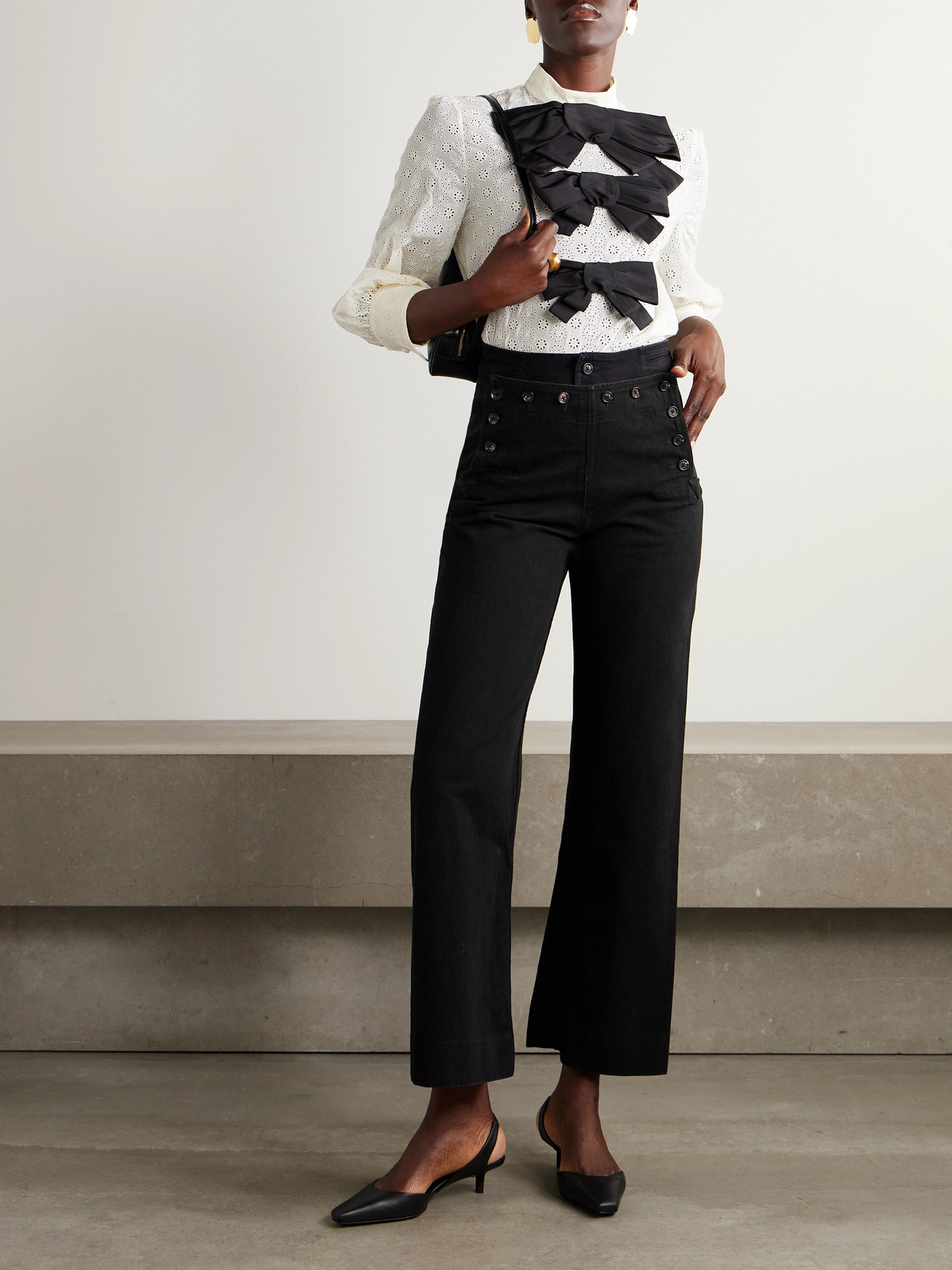 Button-Embellished High-Rise Straight-Leg Jeans