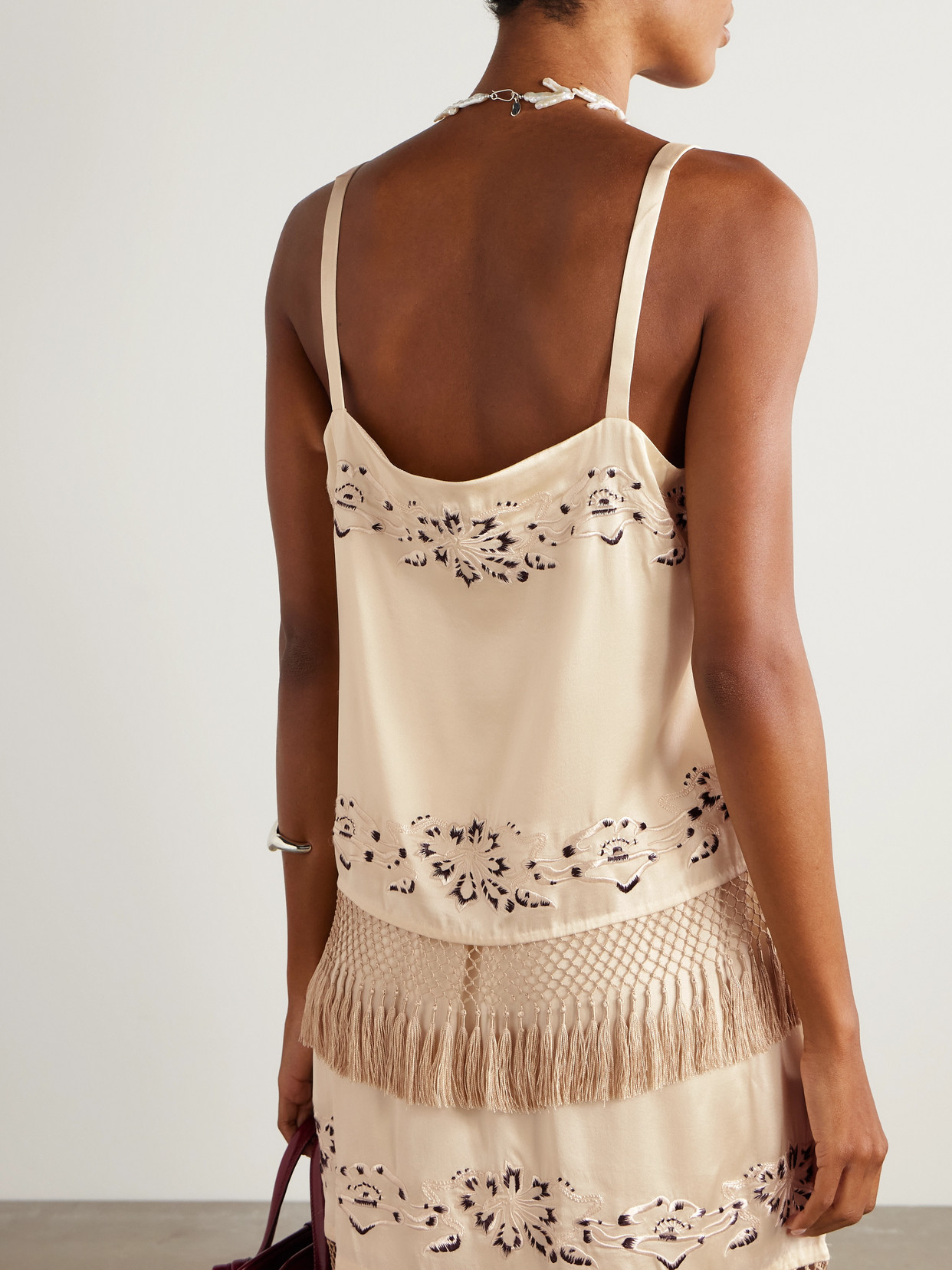 Phantasm Fringed Embroidered Silk-Satin Camisole