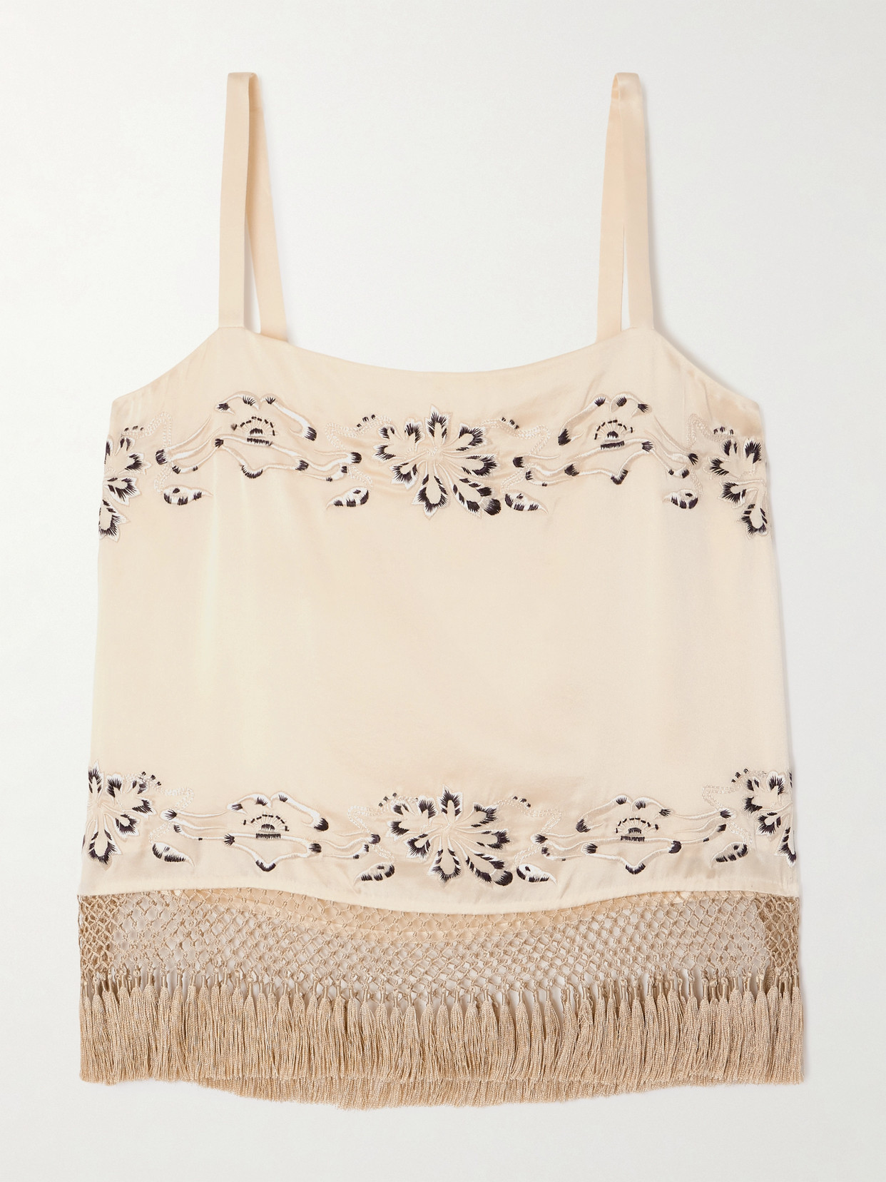 Bode Phantasm Fringed Embroidered Silk-satin Camisole In Sand