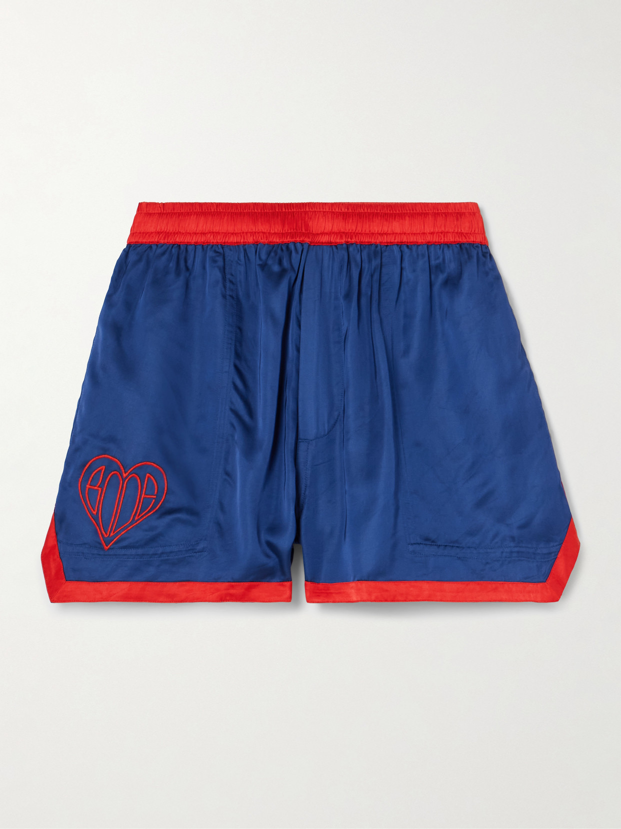 Bode Embroidered Two-tone Satin Shorts In Blue